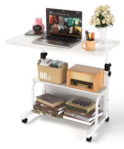 QZMDSM Portable Rolling Desk on Wheels Adjustable Height Desks for Small Spaces, 32" Computer Desk Drafting Tables with Storage Shelves for Home Office Rustic