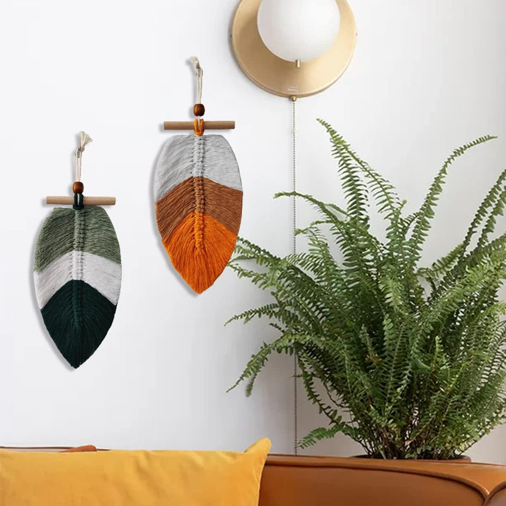Boho Macrame Leaves Hanging Wall Decor (2set), Bohemian Woven Leaf Tapestry, Bohemian Tassels Decorations for Spring Nursery Bedroom Living Room