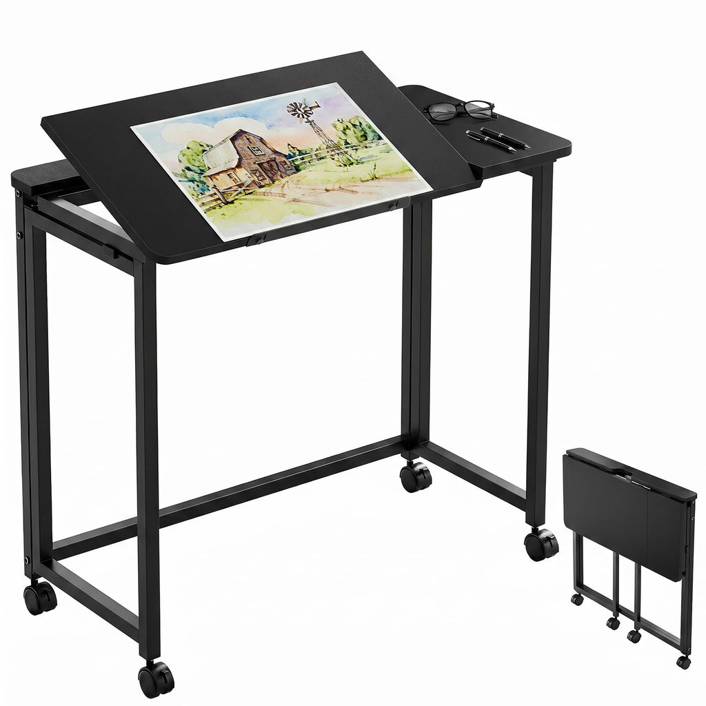 GreenForest Folding Desk with Wheels, 31.5 Inch Adjustable Tilt Drafting Table, Portable Rolling Foldable Desk for Small Space, Home Office, Drawing & Craft Workstation, White
