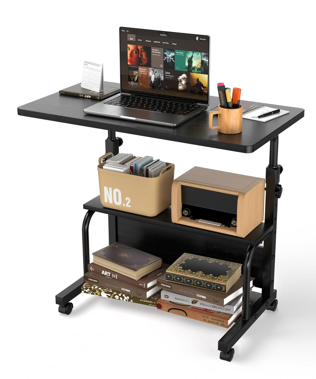 QZMDSM Portable Rolling Desk on Wheels Adjustable Height Desks for Small Spaces, 32" Computer Desk Drafting Tables with Storage Shelves for Home Office Rustic