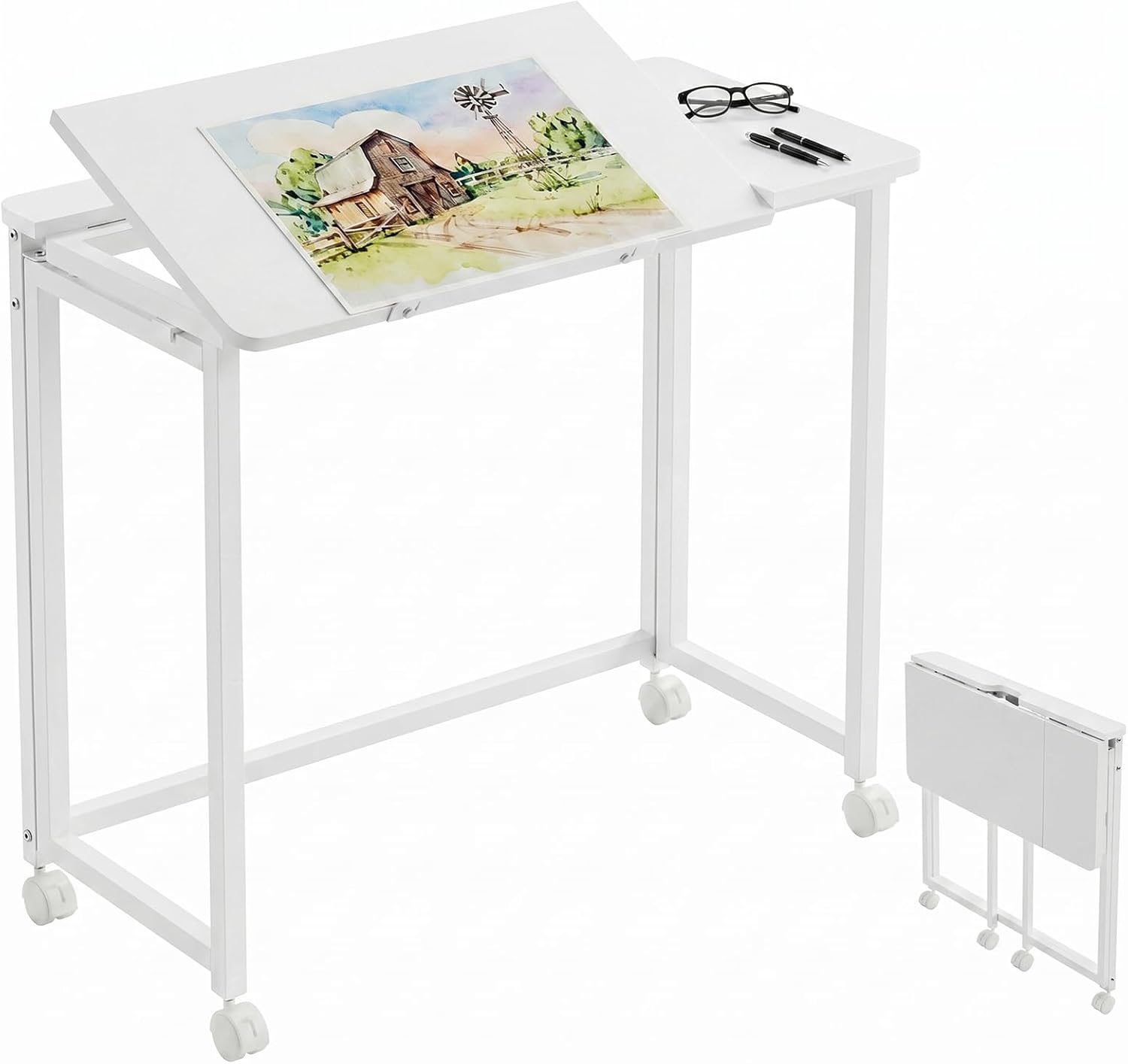 GreenForest Folding Desk with Wheels, 31.5 Inch Adjustable Tilt Drafting Table, Portable Rolling Foldable Desk for Small Space, Home Office, Drawing & Craft Workstation, White