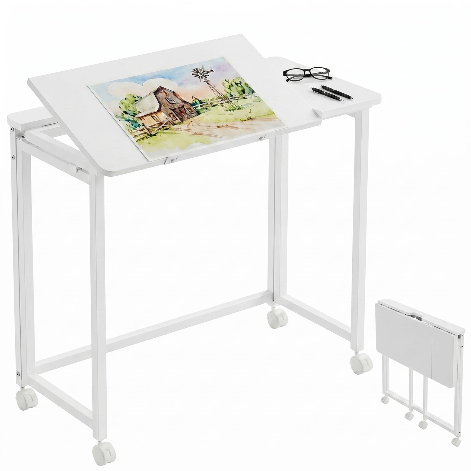 GreenForest Folding Desk with Wheels, 31.5 Inch Adjustable Tilt Drafting Table, Portable Rolling Foldable Desk for Small Space, Home Office, Drawing & Craft Workstation, White