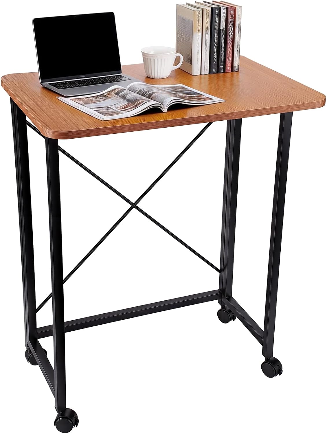 23.6Inch Folding Laptop Cart Table, Mobile Small Rolling Computer Desk for Portable Office Desk for Small Space Couch Bed Oak Color