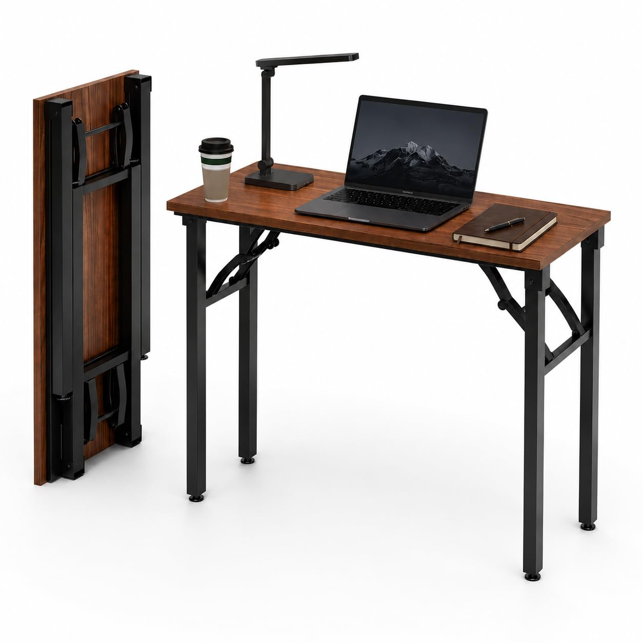 Frylr Small Folding Computer Desk – 35.8 Inch Portable Table for Craft and Study, Lightweight Desk for Small Spaces, Foldable Laptop Table Built-in AC/USB Outlets for Convenience, Dark Walnut