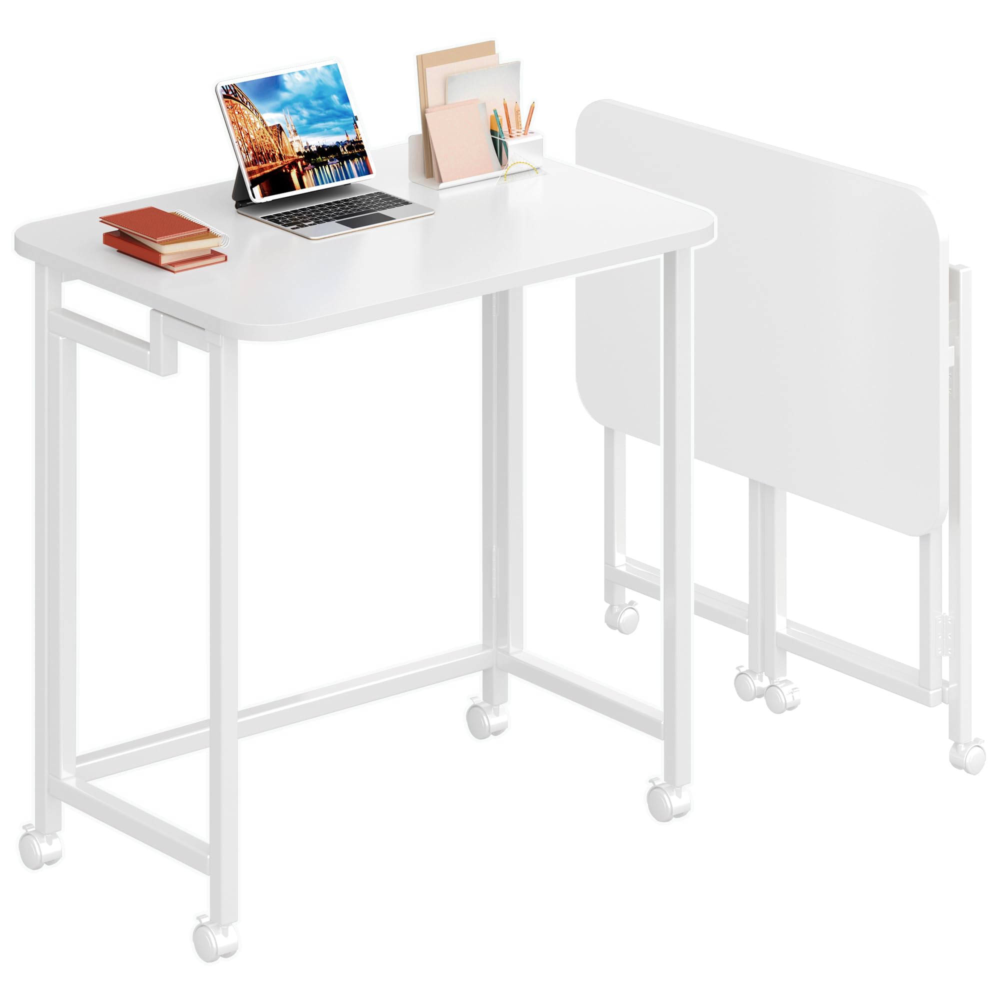 4NM 31.5" Mobile Small Rolling Computer Desk, Folding Laptop Cart Table with Wheels, Portable Office Desk for Small Space Couch Bed - Rustic Brown and Black