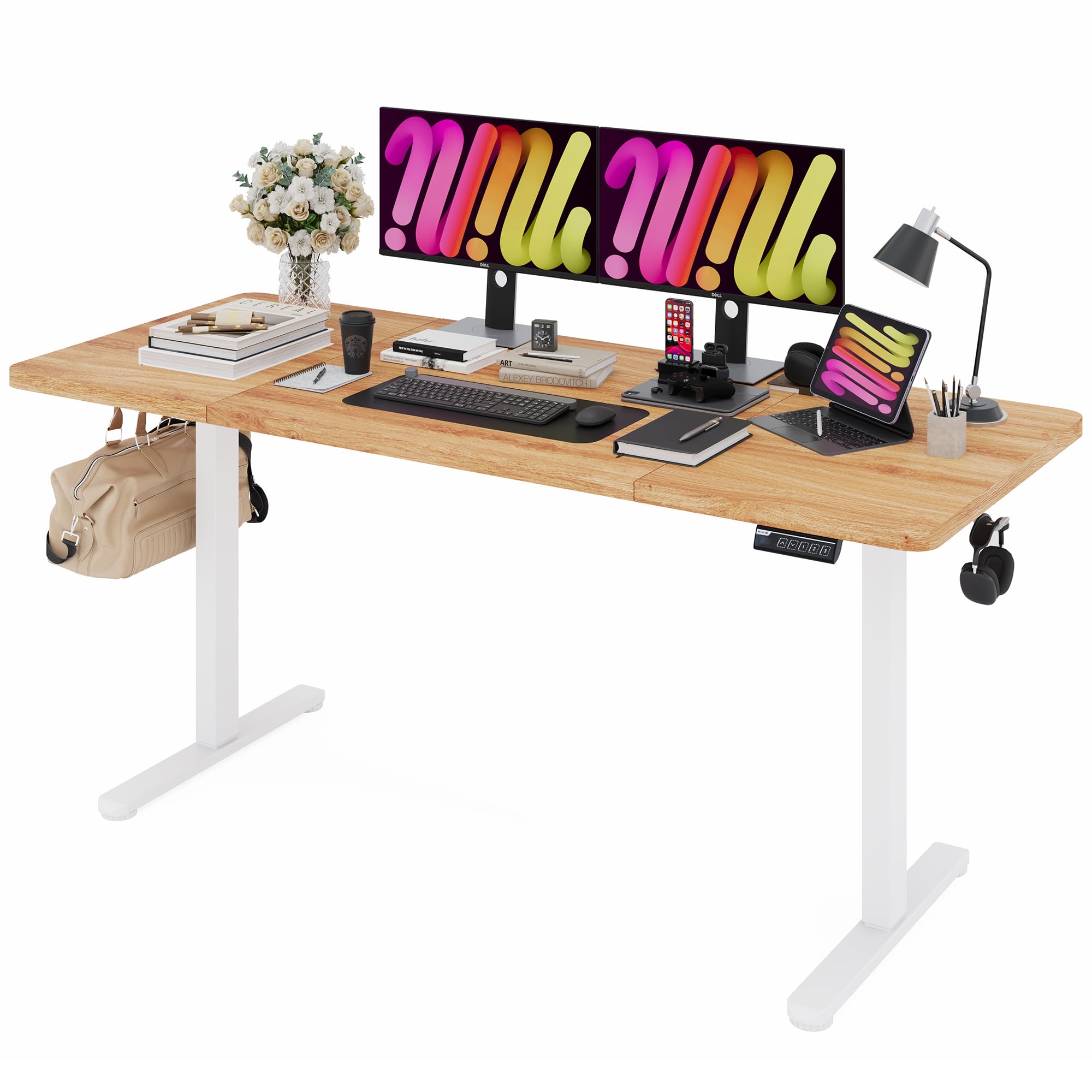 Monomi Electric Height Adjustable Standing Desk, 48x24 Inches, Ergonomic Home Office Sit/Stand Up Desk with Two-Piece Desktop (Black Steel Frame/Rustic Brown Top)