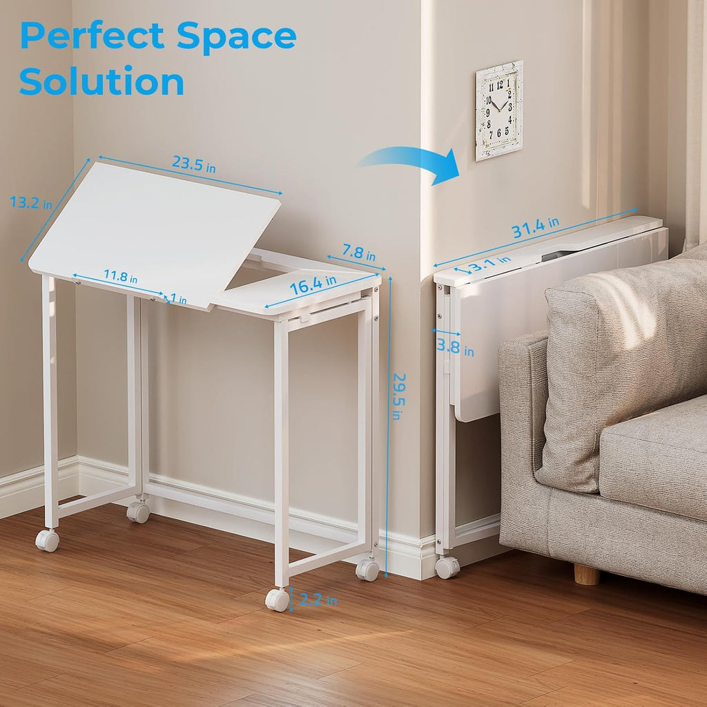 GreenForest Folding Desk with Wheels, 31.5 Inch Adjustable Tilt Drafting Table, Portable Rolling Foldable Desk for Small Space, Home Office, Drawing & Craft Workstation, White