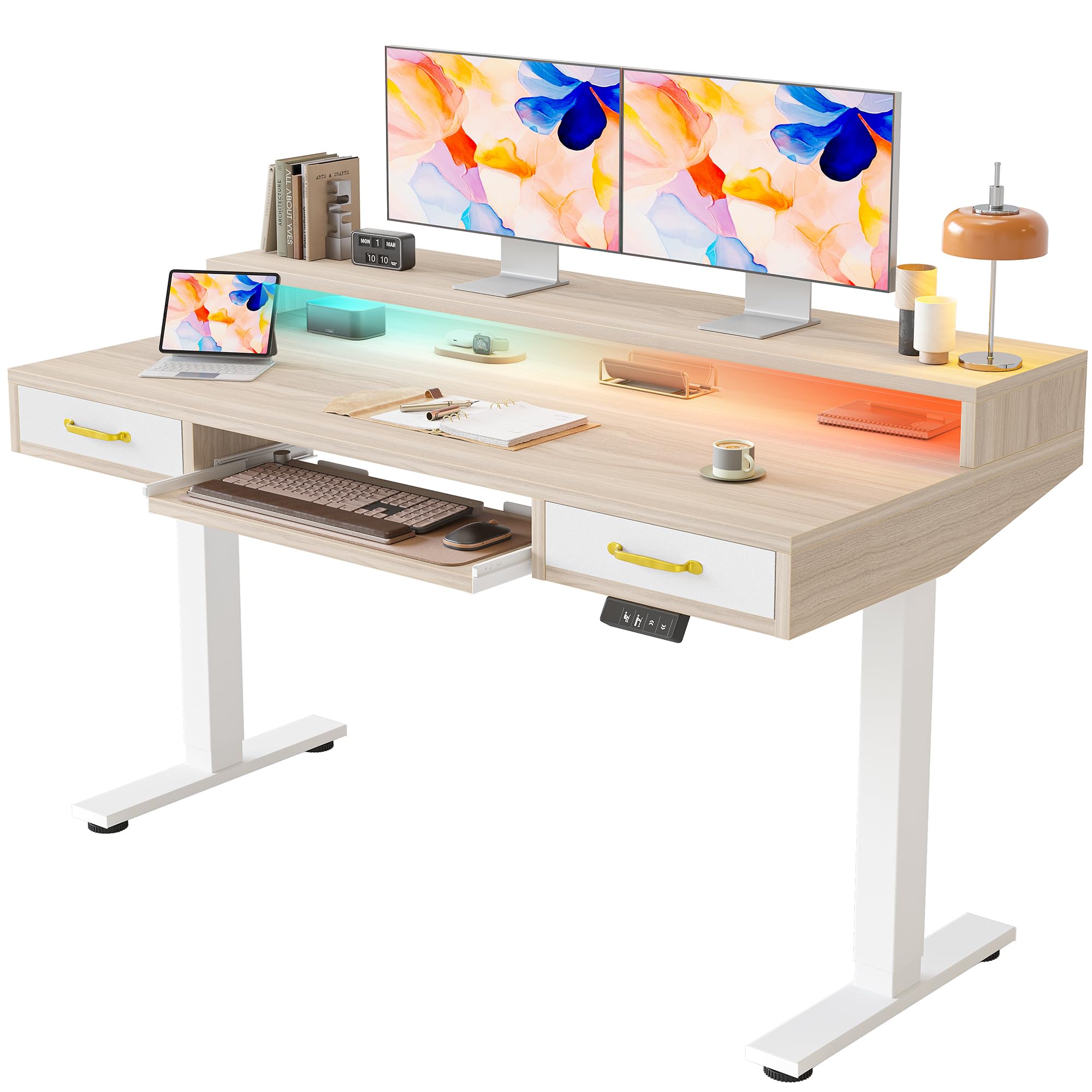 TIQLAB Standing Desk with Two Drawers, Stand Up Standing Desk Adjustable Height, Electric Sit Stand Table with Storage Shelf and Splice Board, 55 * 24 inch, Maple
