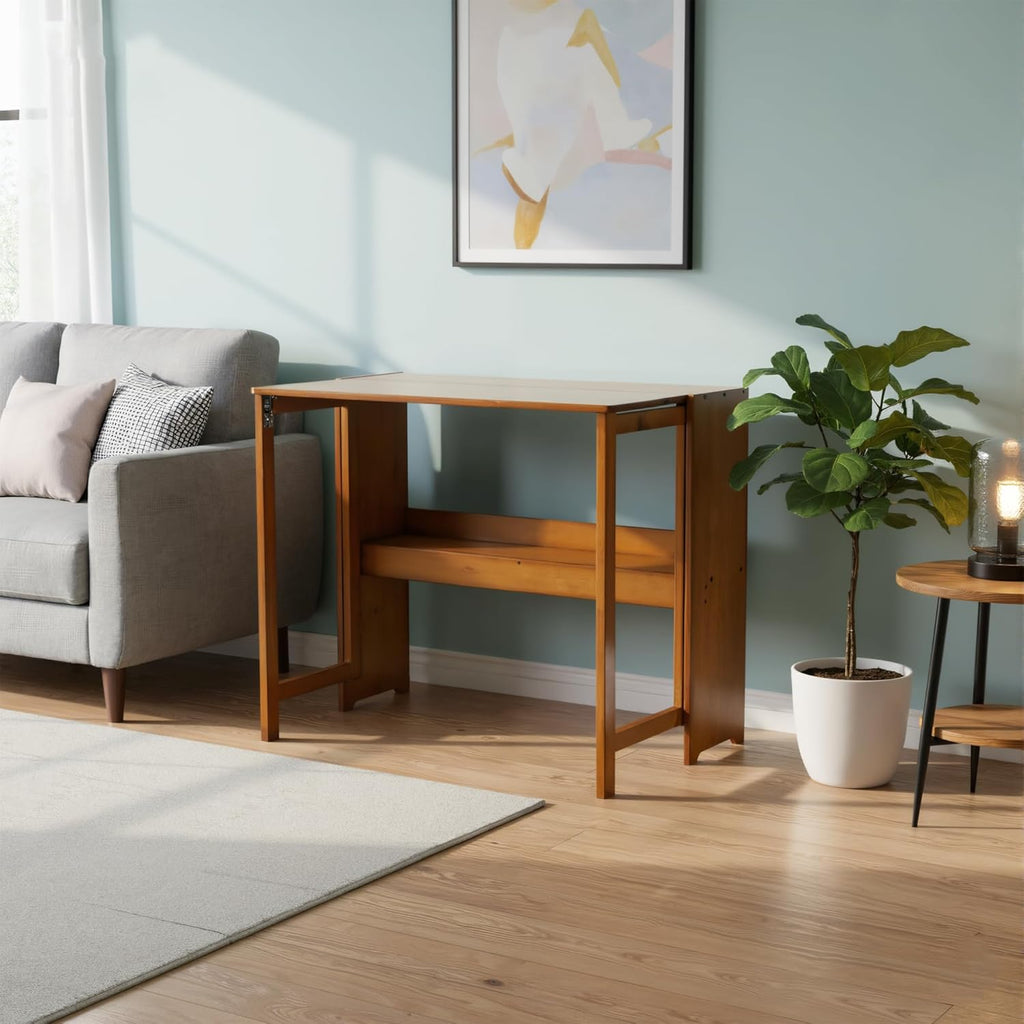 Wood Foldable Desk,Space Saving Foldable Table Bamboo Folding Desk Study Table with Bookshelf for Office Home Study Bedroom