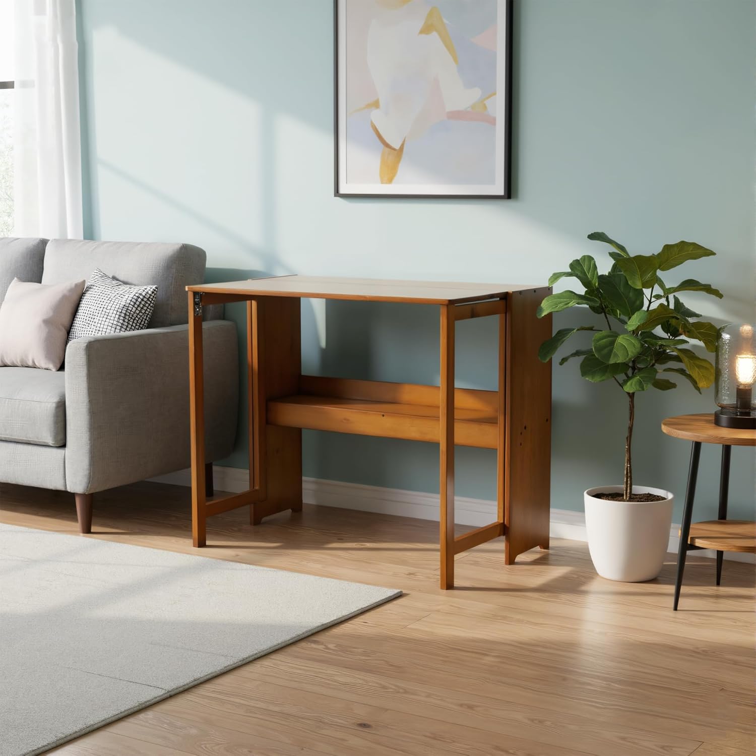 Wood Foldable Desk,Space Saving Foldable Table Bamboo Folding Desk Study Table with Bookshelf for Office Home Study Bedroom