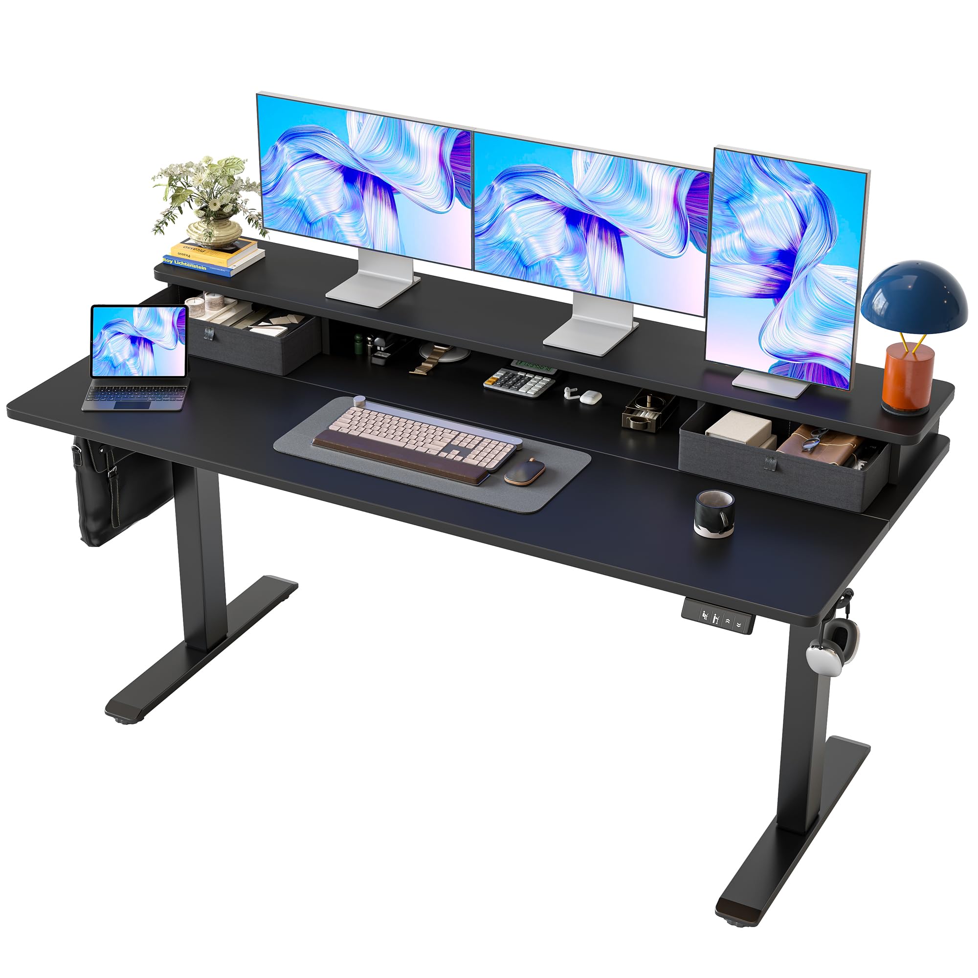 TIQLAB Standing Desk with Two Drawers, Stand Up Standing Desk Adjustable Height, Electric Sit Stand Table with Storage Shelf and Splice Board, 55 * 24 inch, Maple