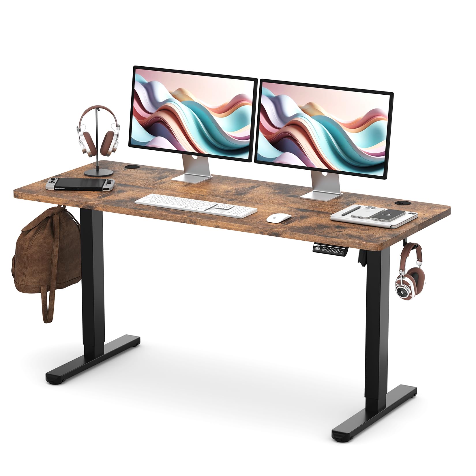 Monomi Electric Height Adjustable Standing Desk, 48x24 Inches, Ergonomic Home Office Sit/Stand Up Desk with Two-Piece Desktop (Black Steel Frame/Rustic Brown Top)