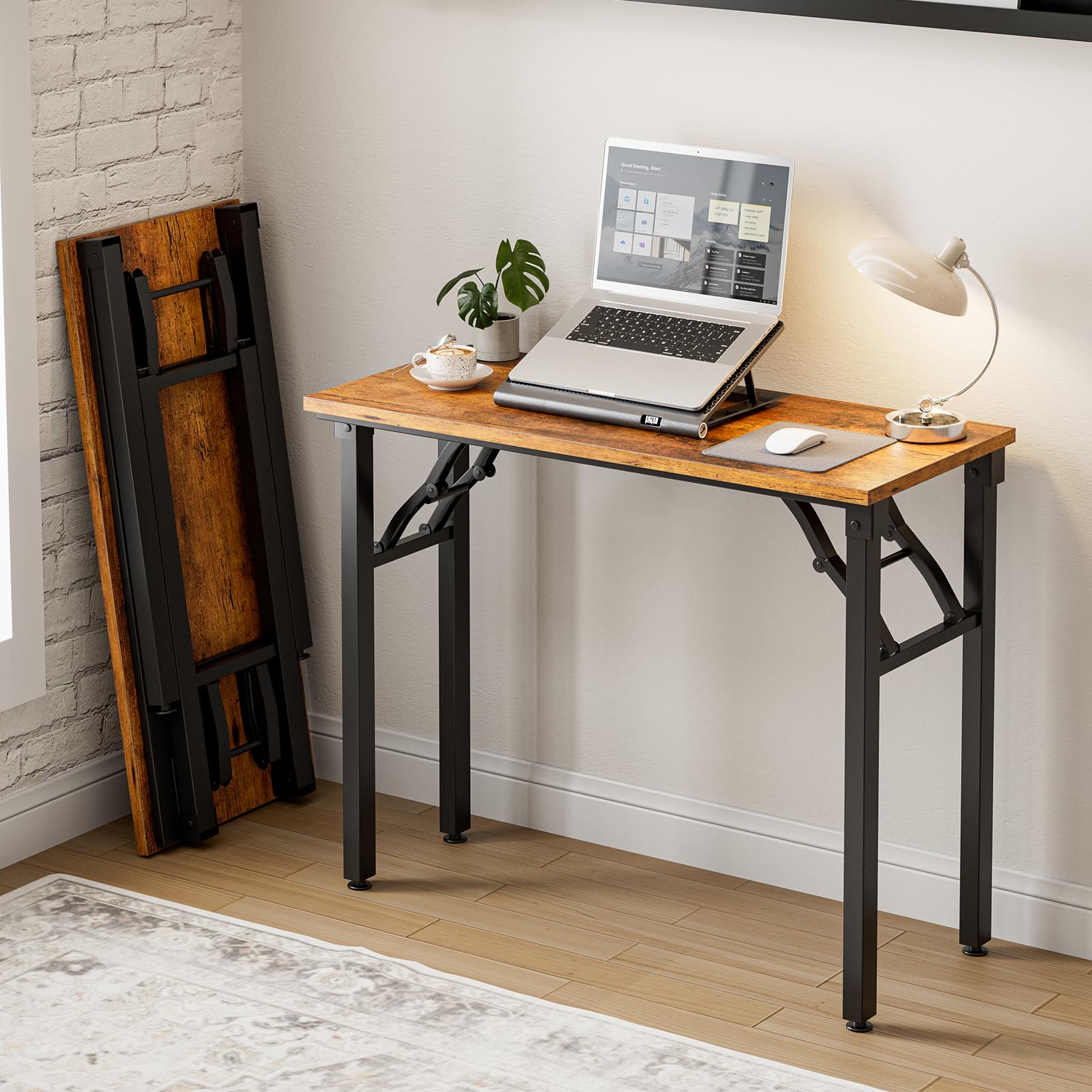 Frylr Small Folding Computer Desk – 35.8 Inch Portable Table for Craft and Study, Lightweight Desk for Small Spaces, Foldable Laptop Table Built-in AC/USB Outlets for Convenience, Dark Walnut