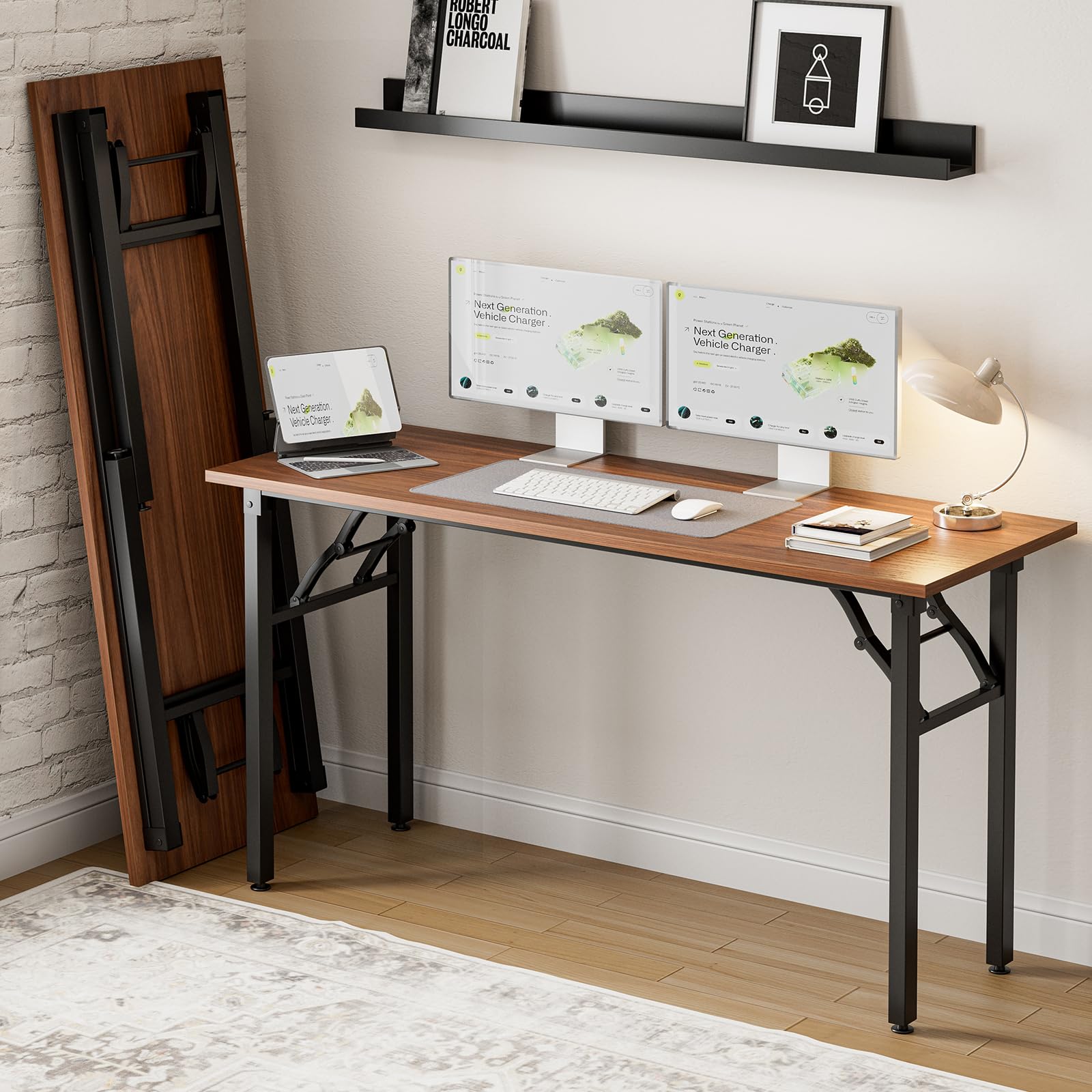 Frylr Small Folding Computer Desk – 35.8 Inch Portable Table for Craft and Study, Lightweight Desk for Small Spaces, Foldable Laptop Table Built-in AC/USB Outlets for Convenience, Dark Walnut