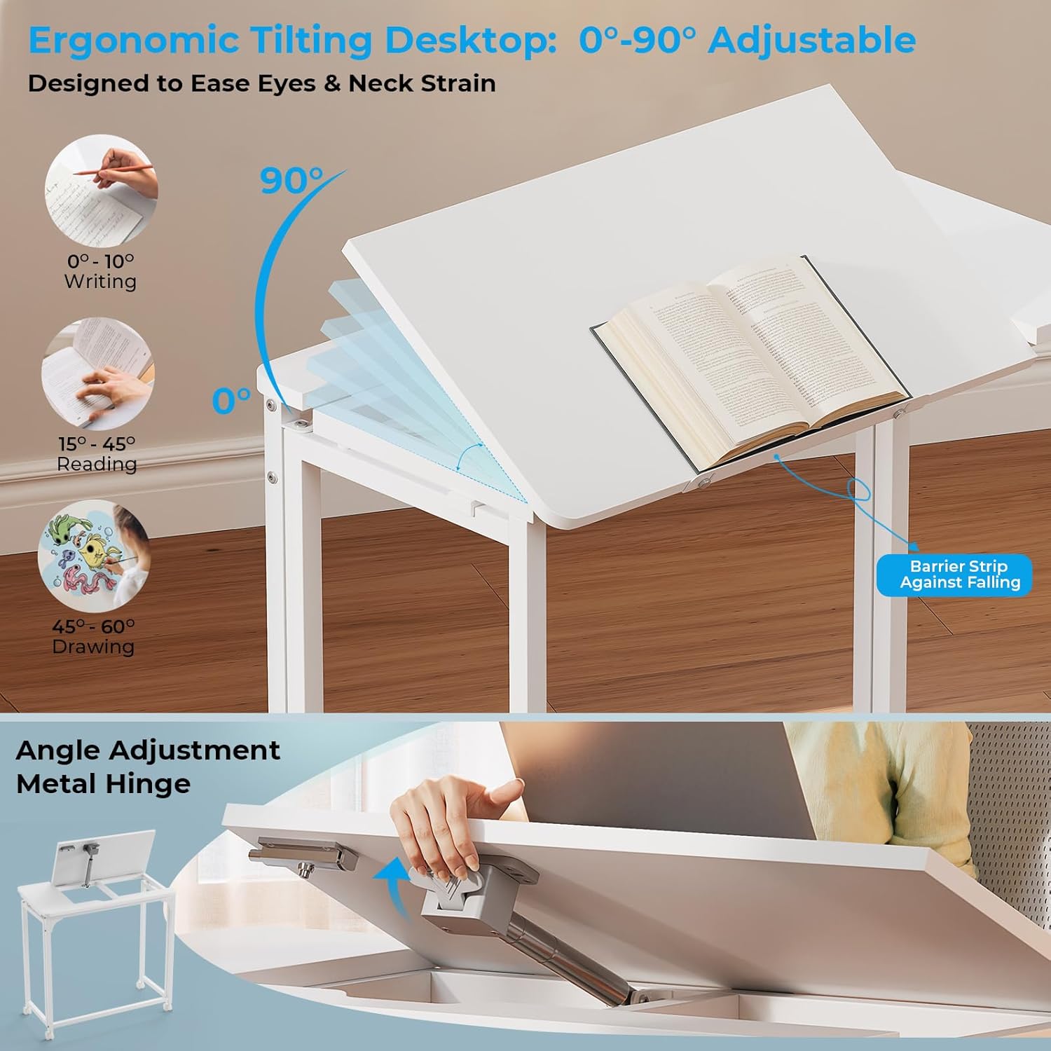 GreenForest Folding Desk with Wheels, 31.5 Inch Adjustable Tilt Drafting Table, Portable Rolling Foldable Desk for Small Space, Home Office, Drawing & Craft Workstation, White