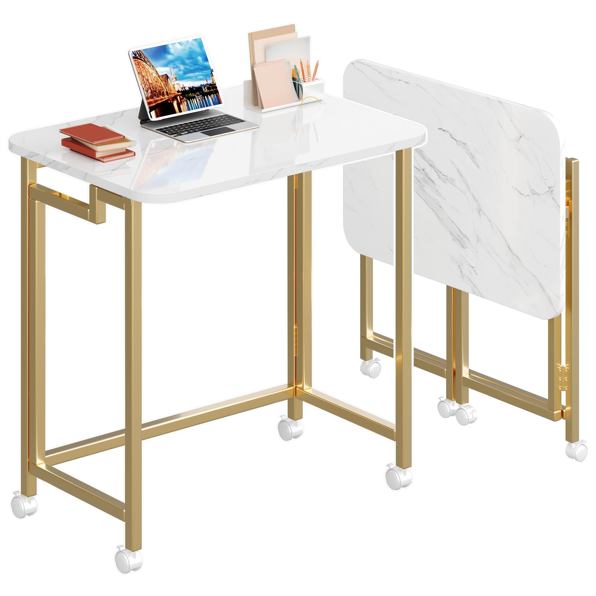 4NM 31.5" Mobile Small Rolling Computer Desk, Folding Laptop Cart Table with Wheels, Portable Office Desk for Small Space Couch Bed - Rustic Brown and Black