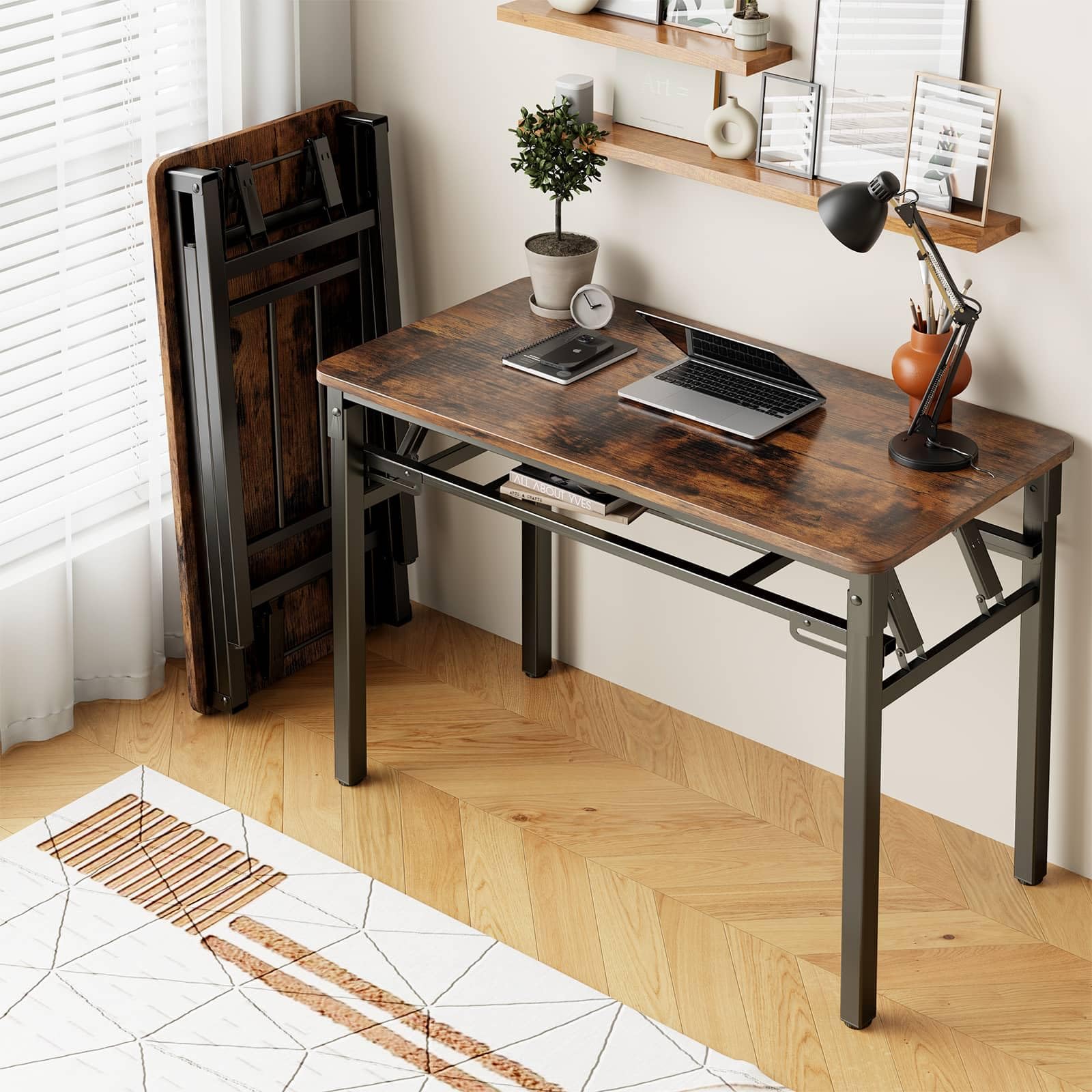 BYMECOST 39 inches Folding Computer Desk, No Assembly Long Foldable Office Table, Portable Large Foldable Home Office Desk, No Install Activity Table Conference Table (Brown, 39.4")