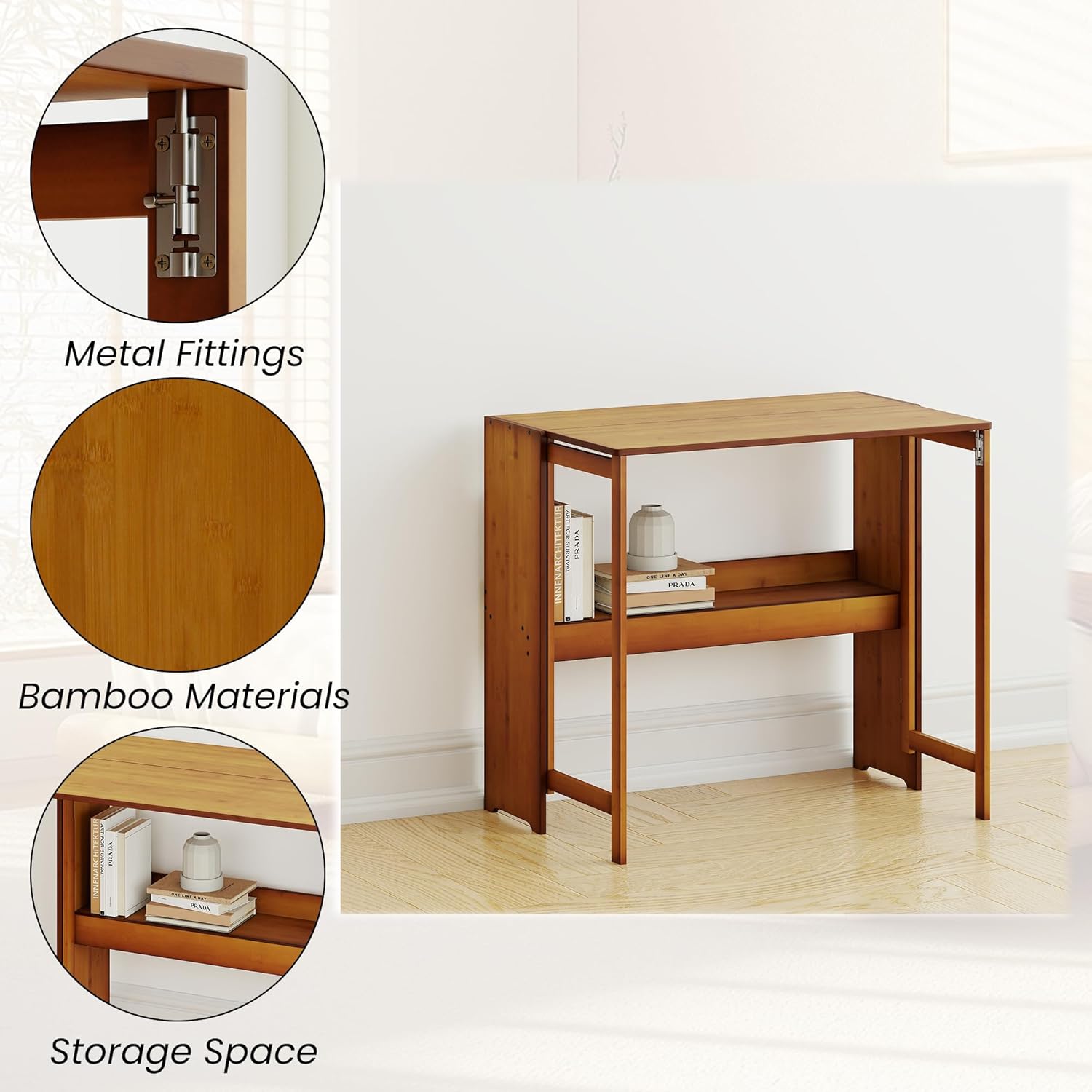 Wood Foldable Desk,Space Saving Foldable Table Bamboo Folding Desk Study Table with Bookshelf for Office Home Study Bedroom