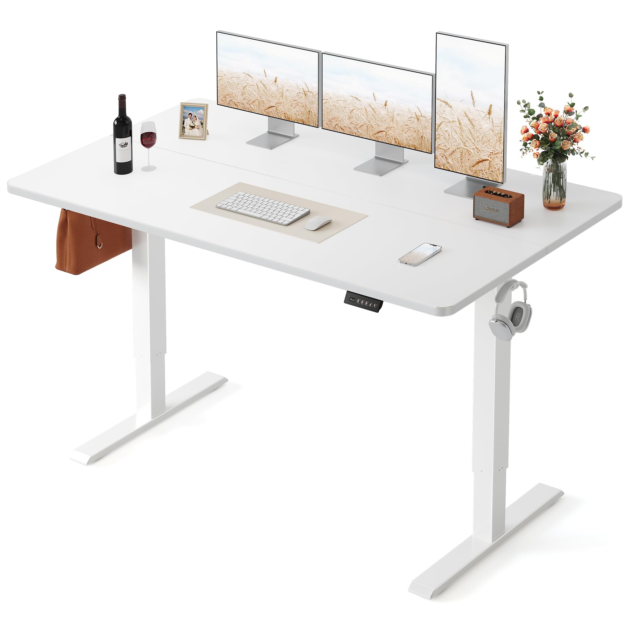 FEZIBO Standing Desk, 48 × 24 Inches Electric Height Adjustable, Sit and Stand Up, Computer Office Desk with Splice Board, White Frame/Maple TOP