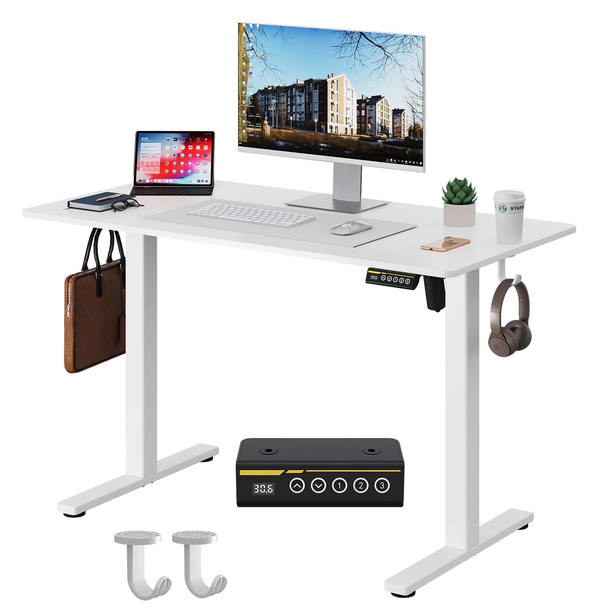 Electric Standing Desk,48x24 Inches Adjustable Height Stand up Desk, Sit Stand Home Office Desk with Splice Board, 3 Preset Heights,Equipped with Hooks,Ergonomic Computer Workstation，Brown