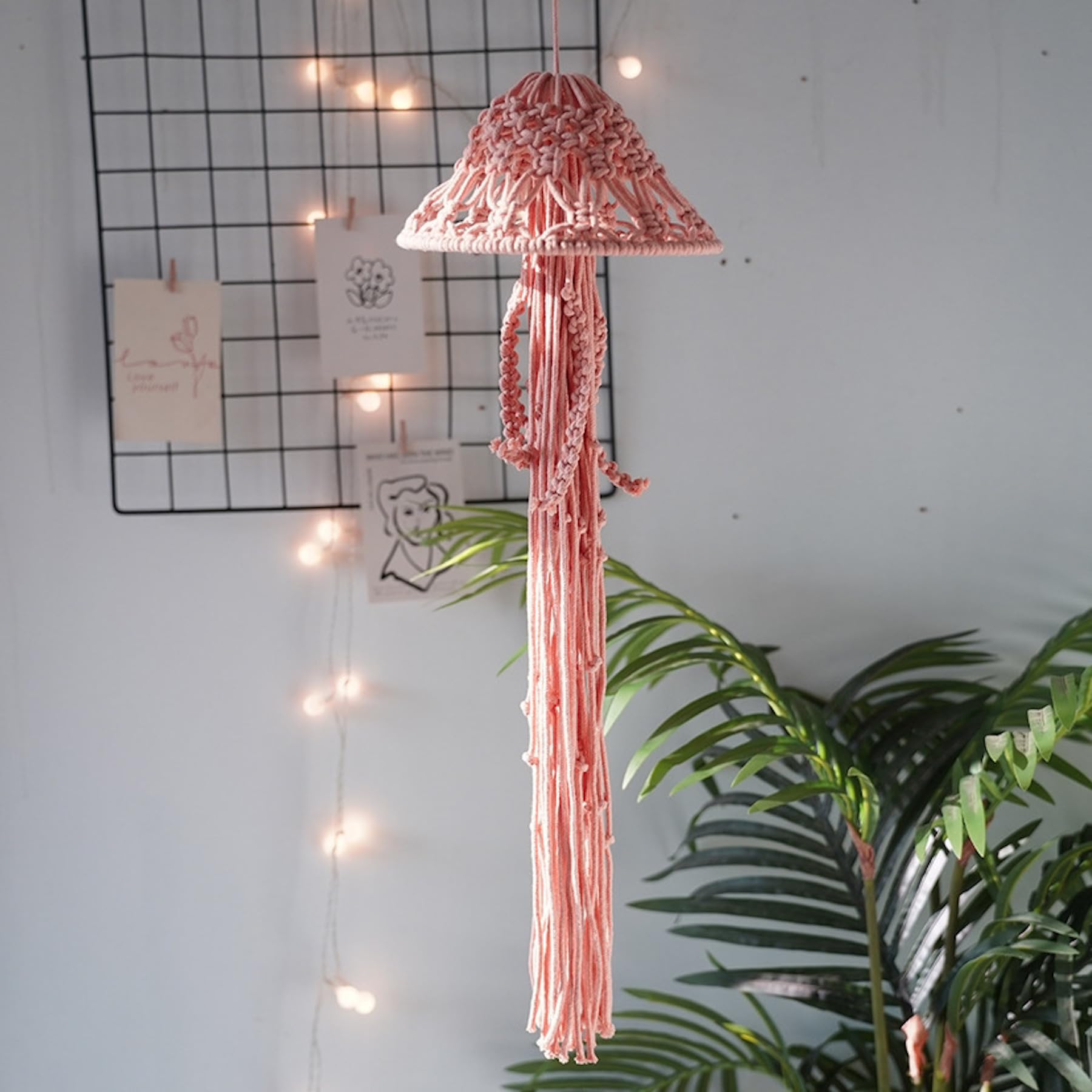 Macrame Wall Hanging,Jellyfish Dream Catcher with Star Lights,Bohemian Woven Wall Art Decor Beautiful Apartment Dorm Room Door Decoration (White)