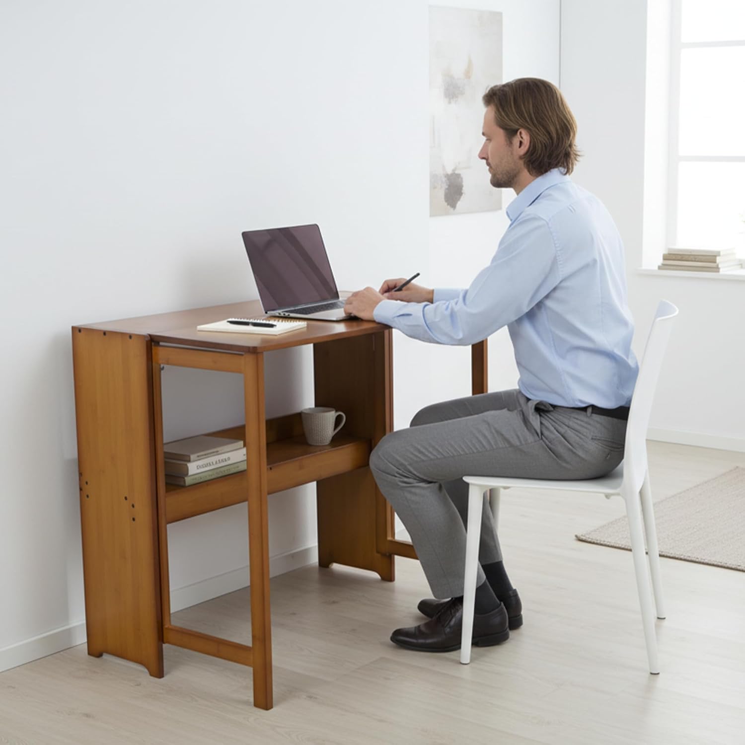 Wood Foldable Desk,Space Saving Foldable Table Bamboo Folding Desk Study Table with Bookshelf for Office Home Study Bedroom