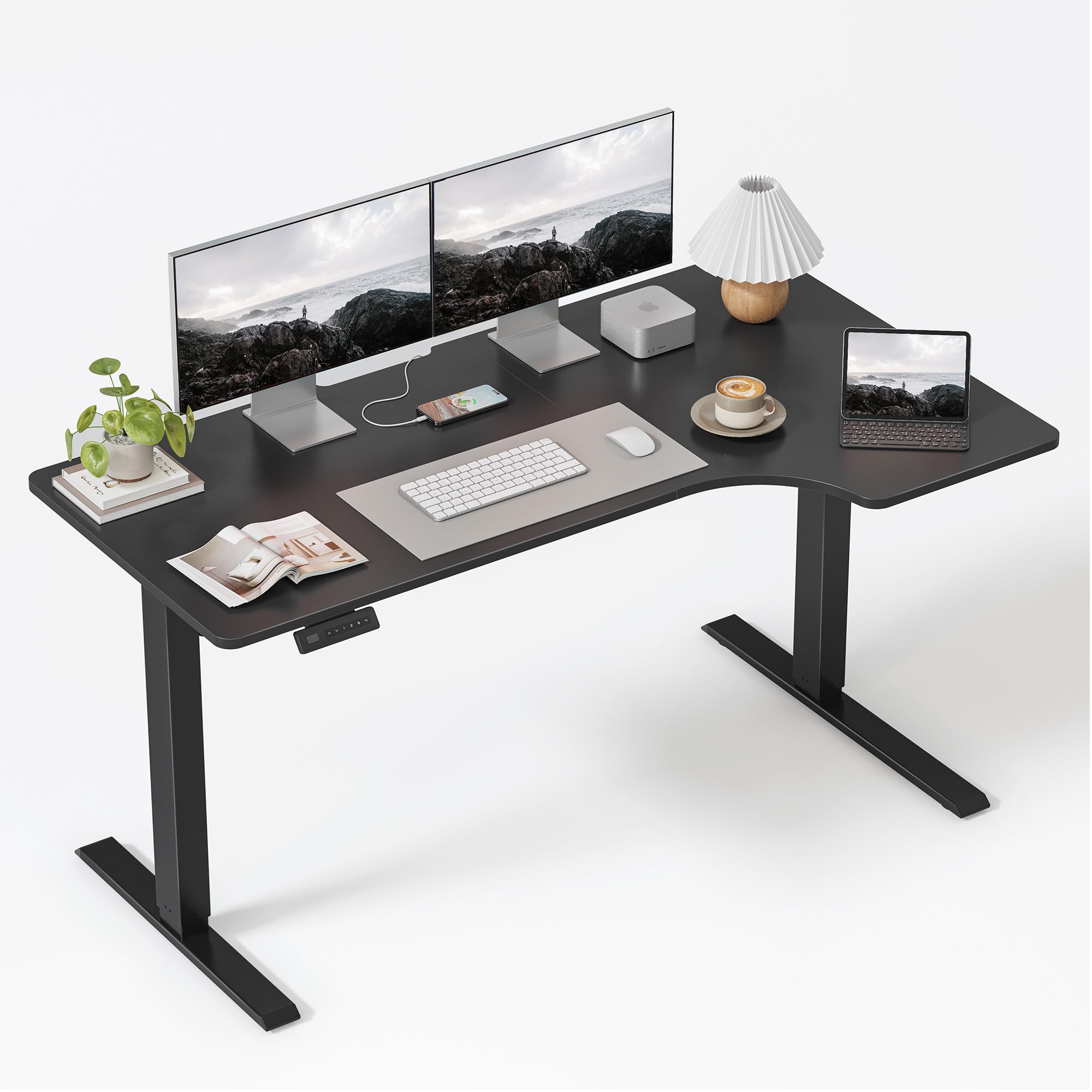 FEZIBO Standing Desk, 48 × 24 Inches Electric Height Adjustable, Sit and Stand Up, Computer Office Desk with Splice Board, White Frame/Maple TOP