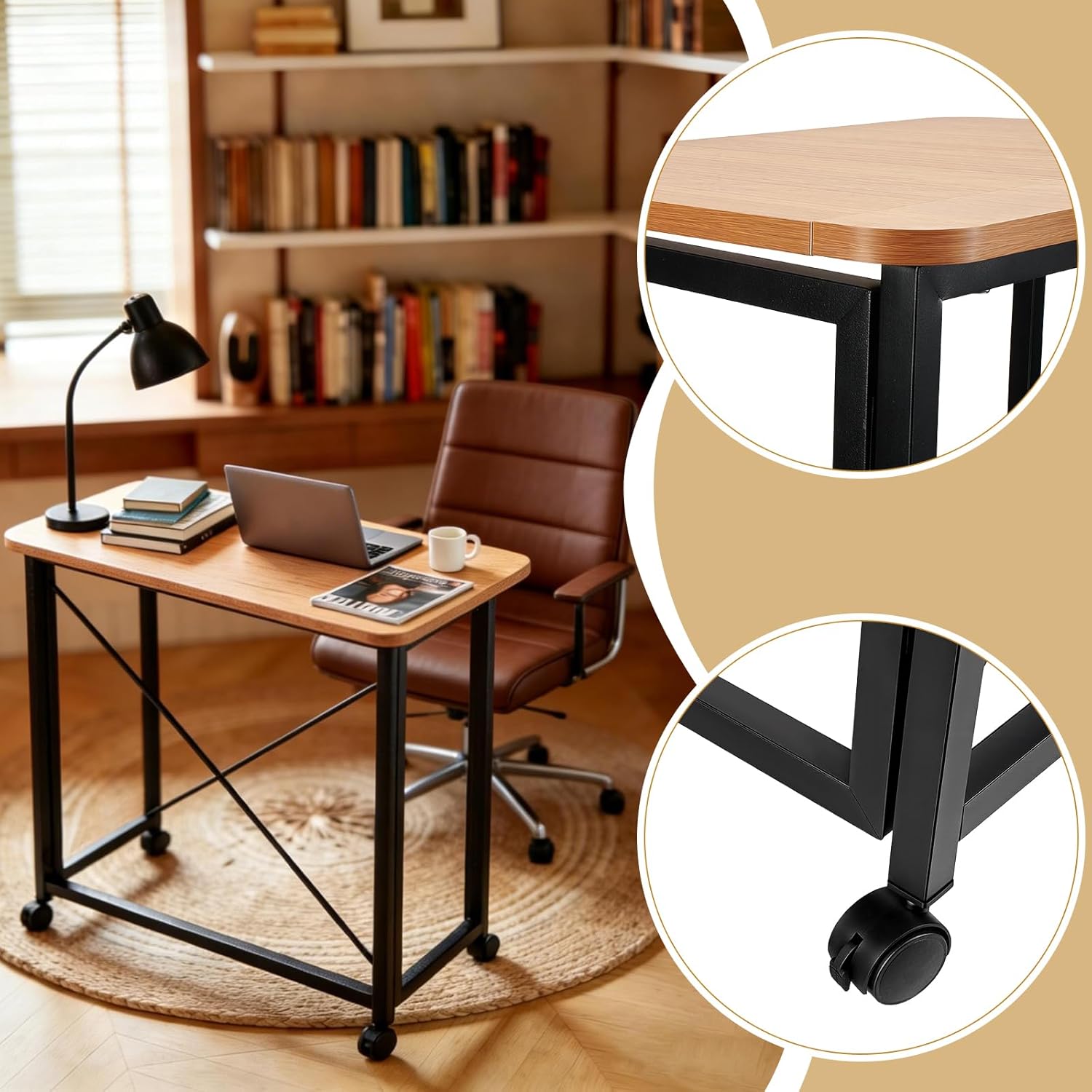 23.6Inch Folding Laptop Cart Table, Mobile Small Rolling Computer Desk for Portable Office Desk for Small Space Couch Bed Oak Color