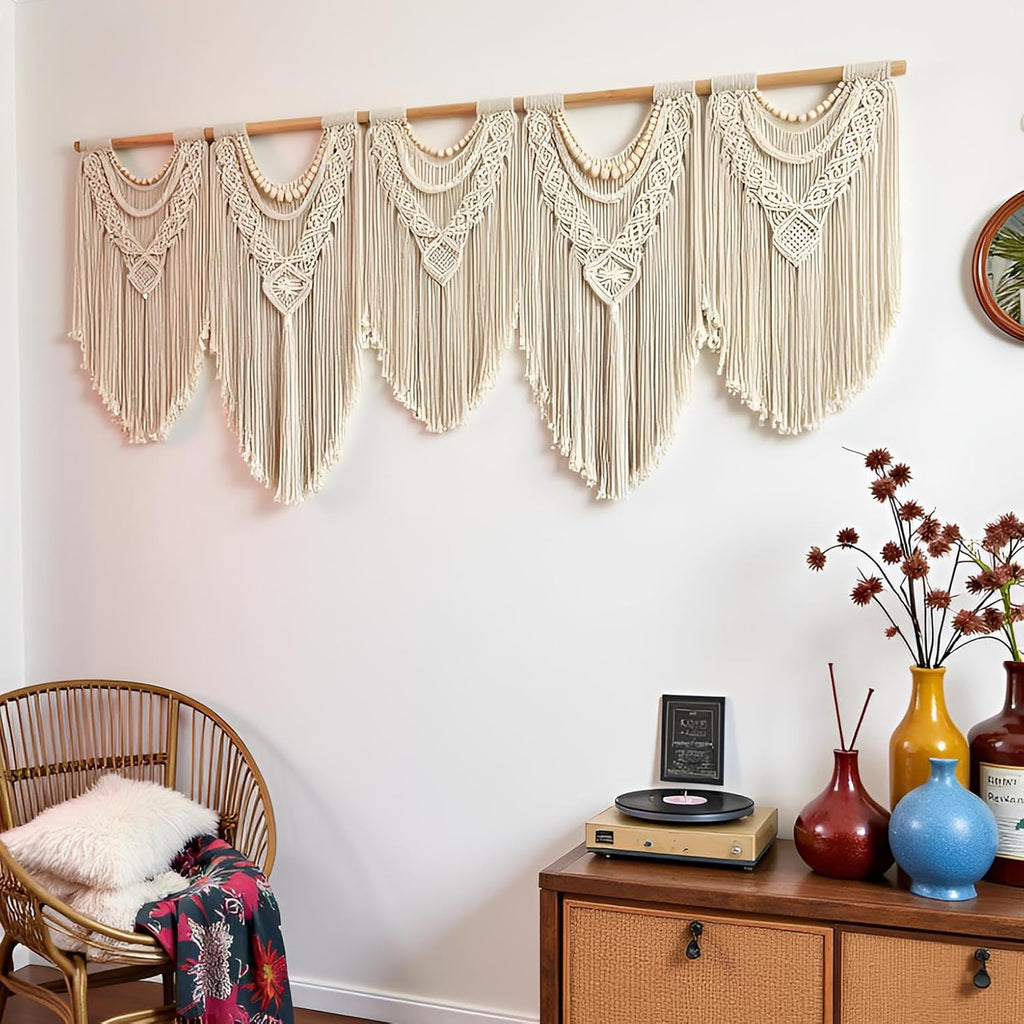 Extral Large macrame wall hanging, 71'' W x 32'' L boho wall art tapestry wall decor for urban entryway,living room,bedroom decor, headboard woven wall art, big fiber art over couch art for Yarn hallway (Wood Bead-B)
