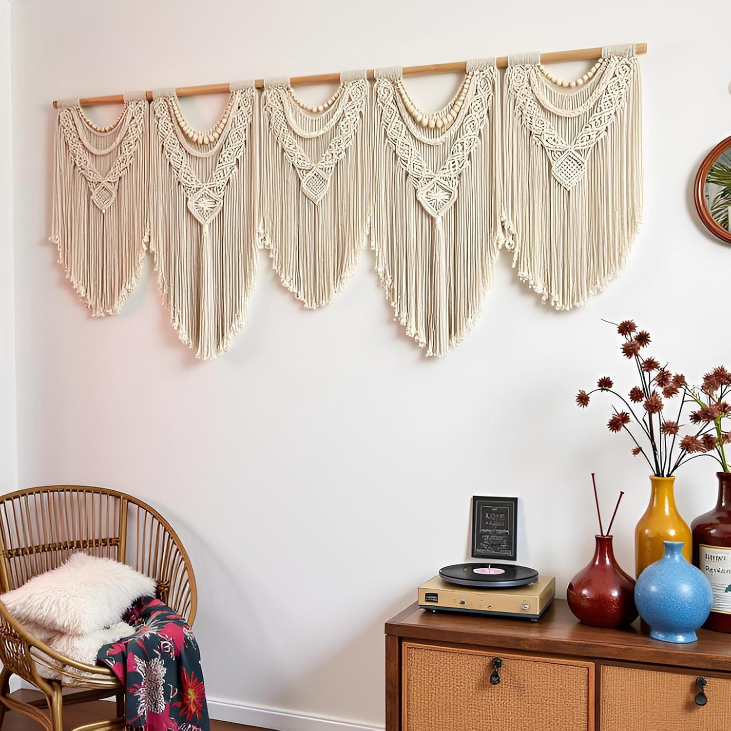 Extral Large macrame wall hanging, 71'' W x 32'' L boho wall art tapestry wall decor for urban entryway,living room,bedroom decor, headboard woven wall art, big fiber art over couch art for Yarn hallway (Wood Bead-B)
