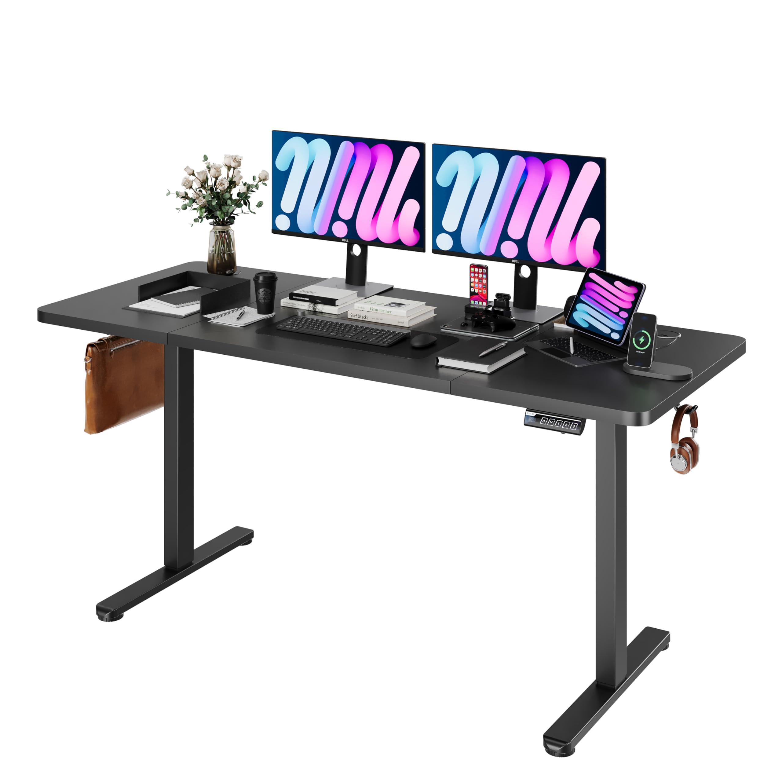 Monomi Electric Height Adjustable Standing Desk, 48x24 Inches, Ergonomic Home Office Sit/Stand Up Desk with Two-Piece Desktop (Black Steel Frame/Rustic Brown Top)