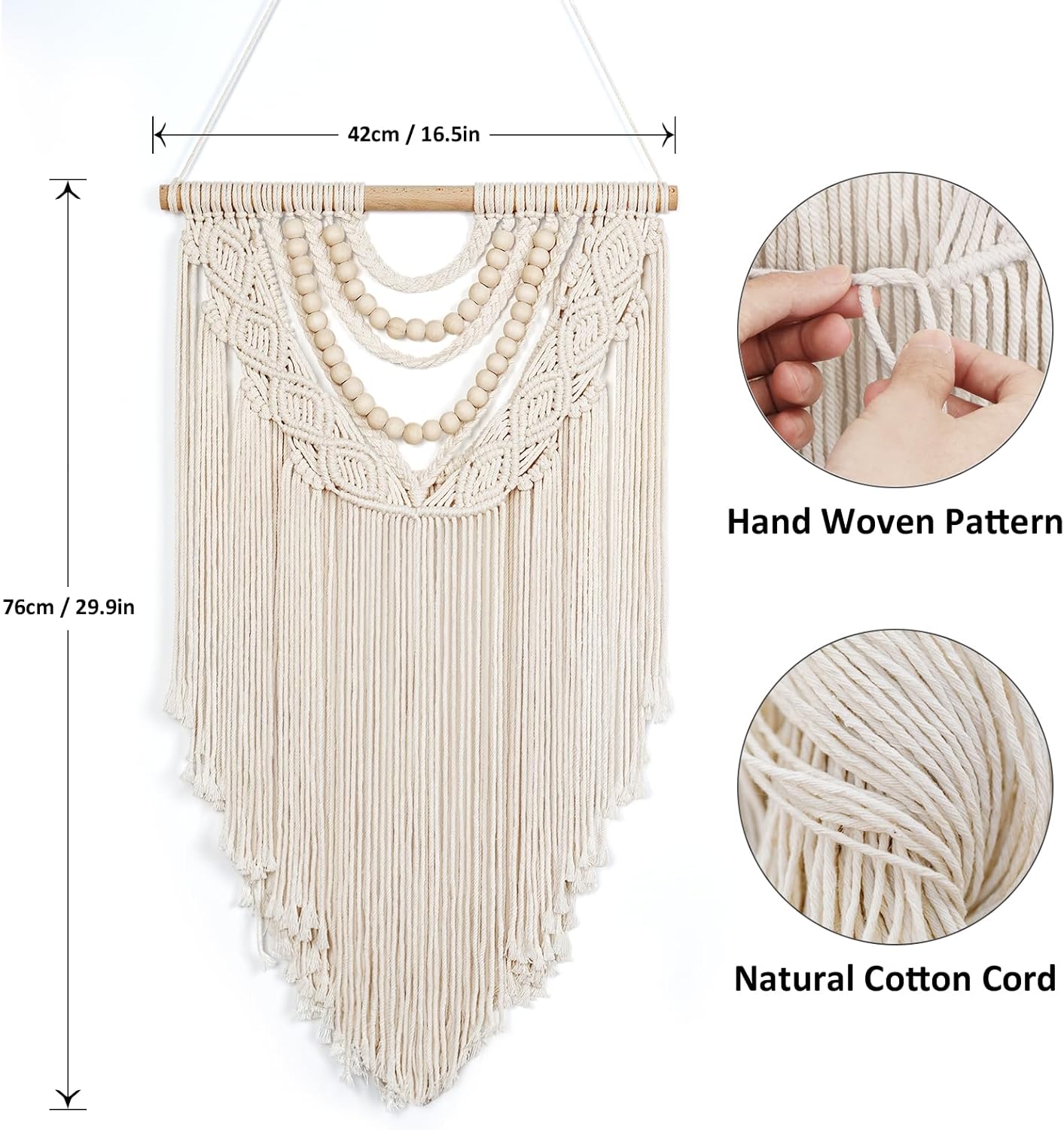 LOMOHOO Macrame Wall Hanging Boho Handmade Geometric Woven Tapestry Bohemian Wall Art Decor with Chic Wooden Beads Home Decor for Bedroom Living Room Apartment Dorm Gallery Wedding 16.5"x30"