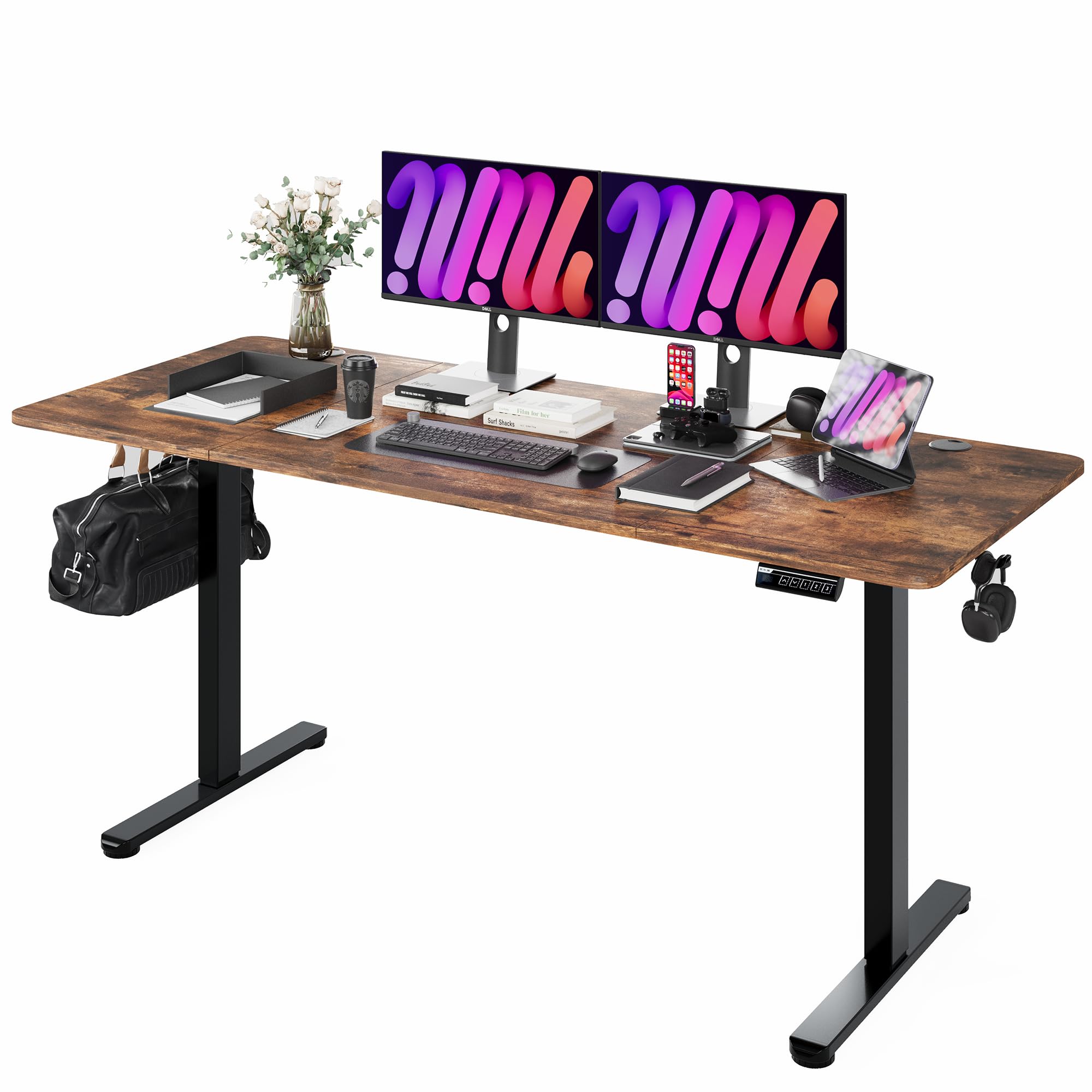 Monomi Electric Height Adjustable Standing Desk, 48x24 Inches, Ergonomic Home Office Sit/Stand Up Desk with Two-Piece Desktop (Black Steel Frame/Rustic Brown Top)