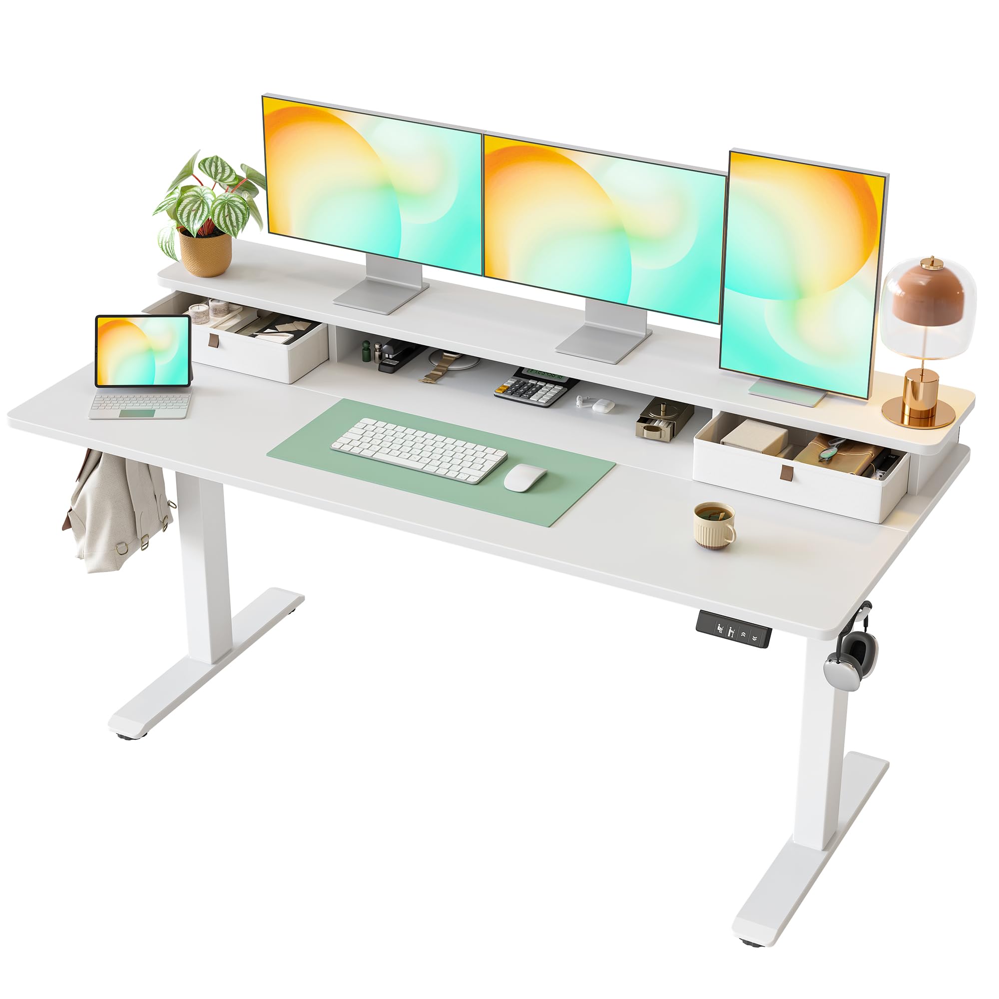 TIQLAB Standing Desk with Two Drawers, Stand Up Standing Desk Adjustable Height, Electric Sit Stand Table with Storage Shelf and Splice Board, 55 * 24 inch, Maple