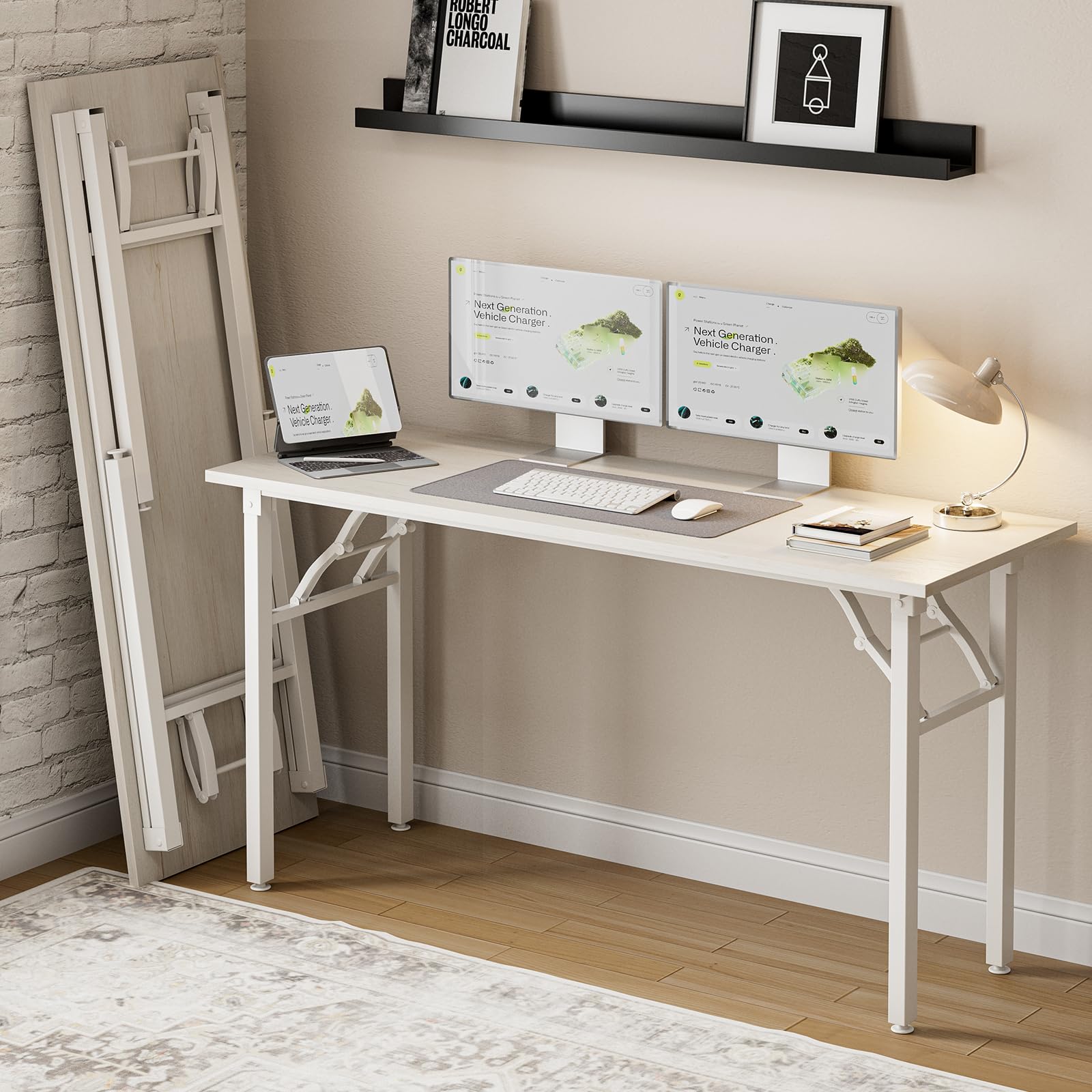 Frylr Small Folding Computer Desk – 35.8 Inch Portable Table for Craft and Study, Lightweight Desk for Small Spaces, Foldable Laptop Table Built-in AC/USB Outlets for Convenience, Dark Walnut