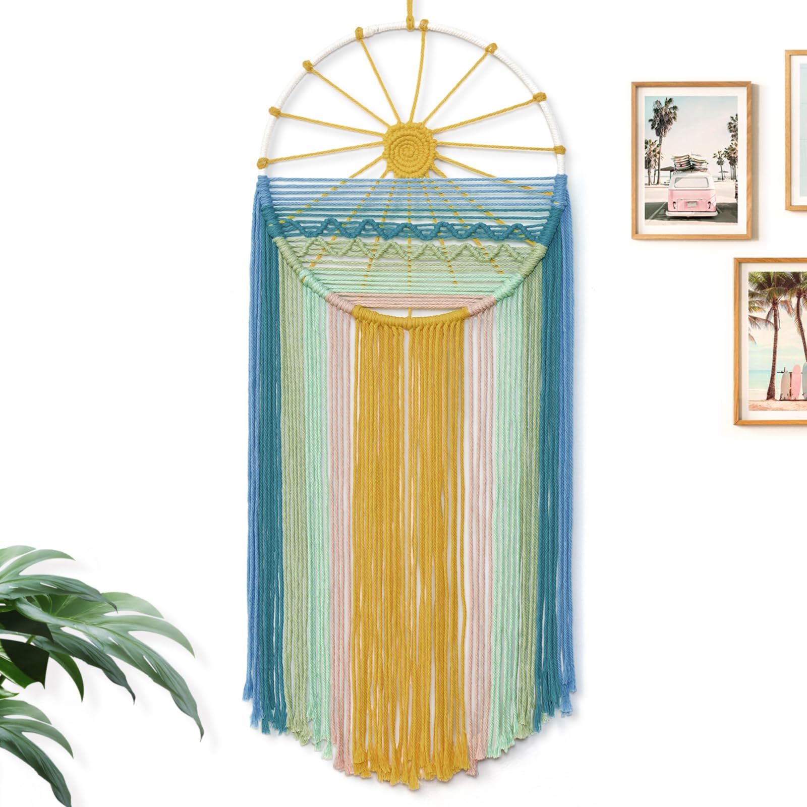 MEIVINES Macrame Wall Hanging,11.8x27.6 Inches Boho Sun Wall Art Decor,Woven Hanging Tapestry Tassels Handmade Colorful Tapestry for Bedroom Living Room Nursery Apartment
