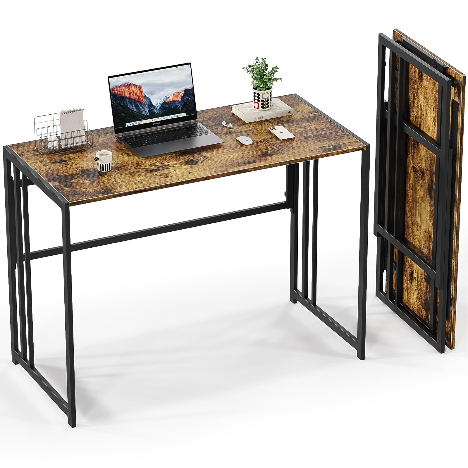 Gezen Folding Desk 40'' Computer Desk for Home Office, No Assembly Office Desk Foldable Simple Study Writing Desk Table for Small Spaces(Beige, White)