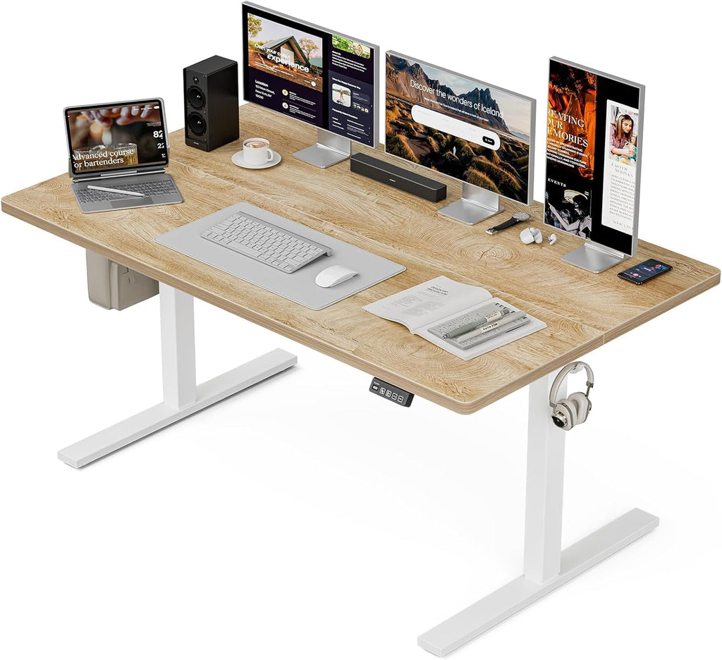 Grandder 55x32 Large Electric Standing Desk, Height Adjustable Computer Desk with 2 Memory Presets, 31.5" Deep Desktop Sit Stand Desk Home Office Desk Workstation Table with Hooks, Oak