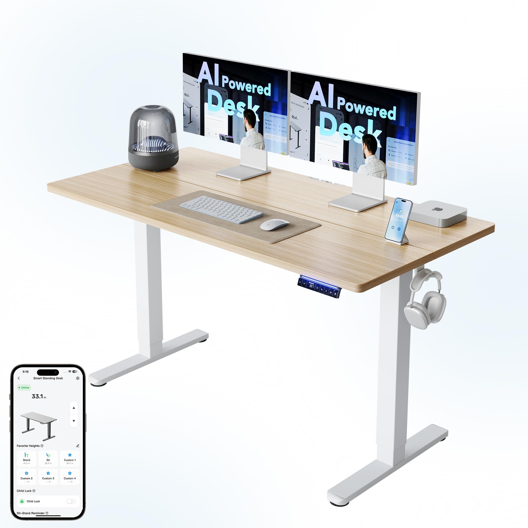 HUANUO 32" Small Electric Standing Desk Adjustable Height, 4 Memory Height Settings, Sit Stand Up Desk for Home Office & Computer Workstation, LightWalnut