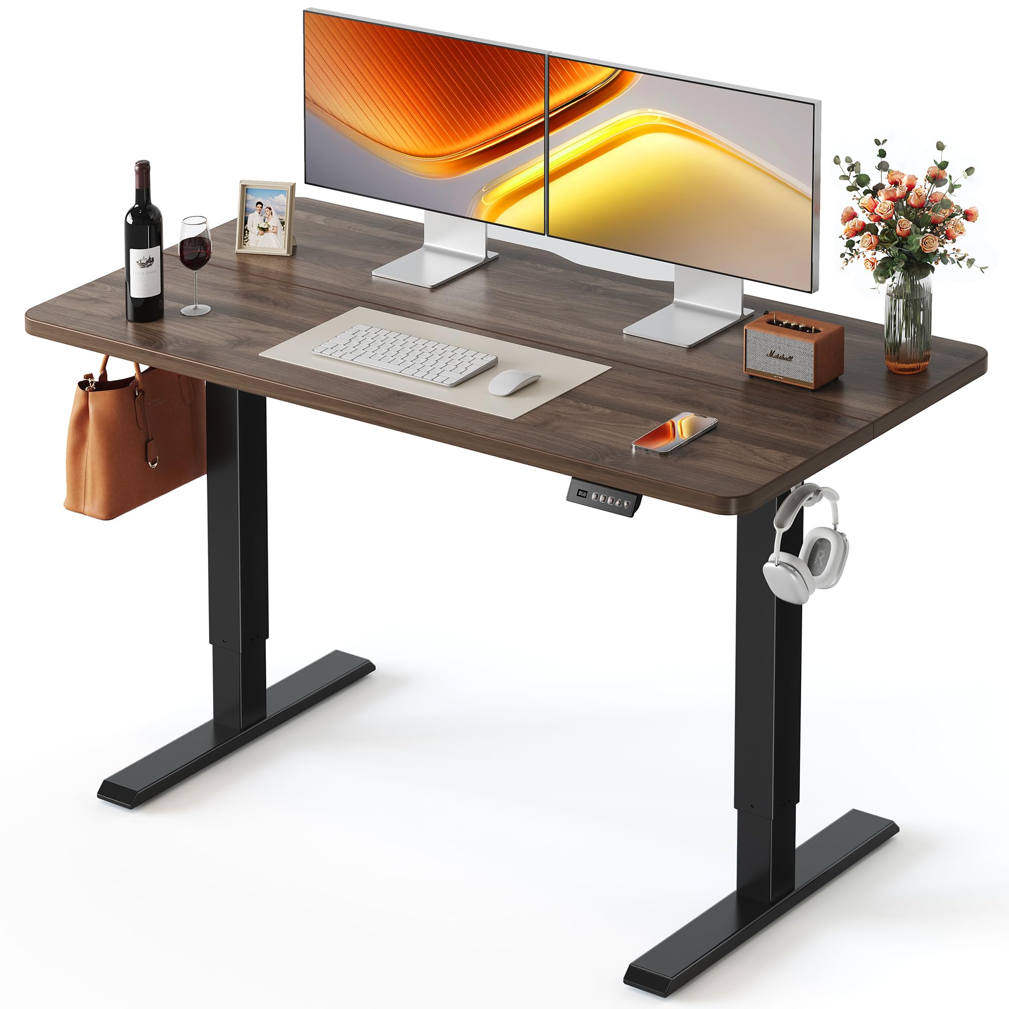 FEZIBO Standing Desk, 48 × 24 Inches Electric Height Adjustable, Sit and Stand Up, Computer Office Desk with Splice Board, White Frame/Maple TOP