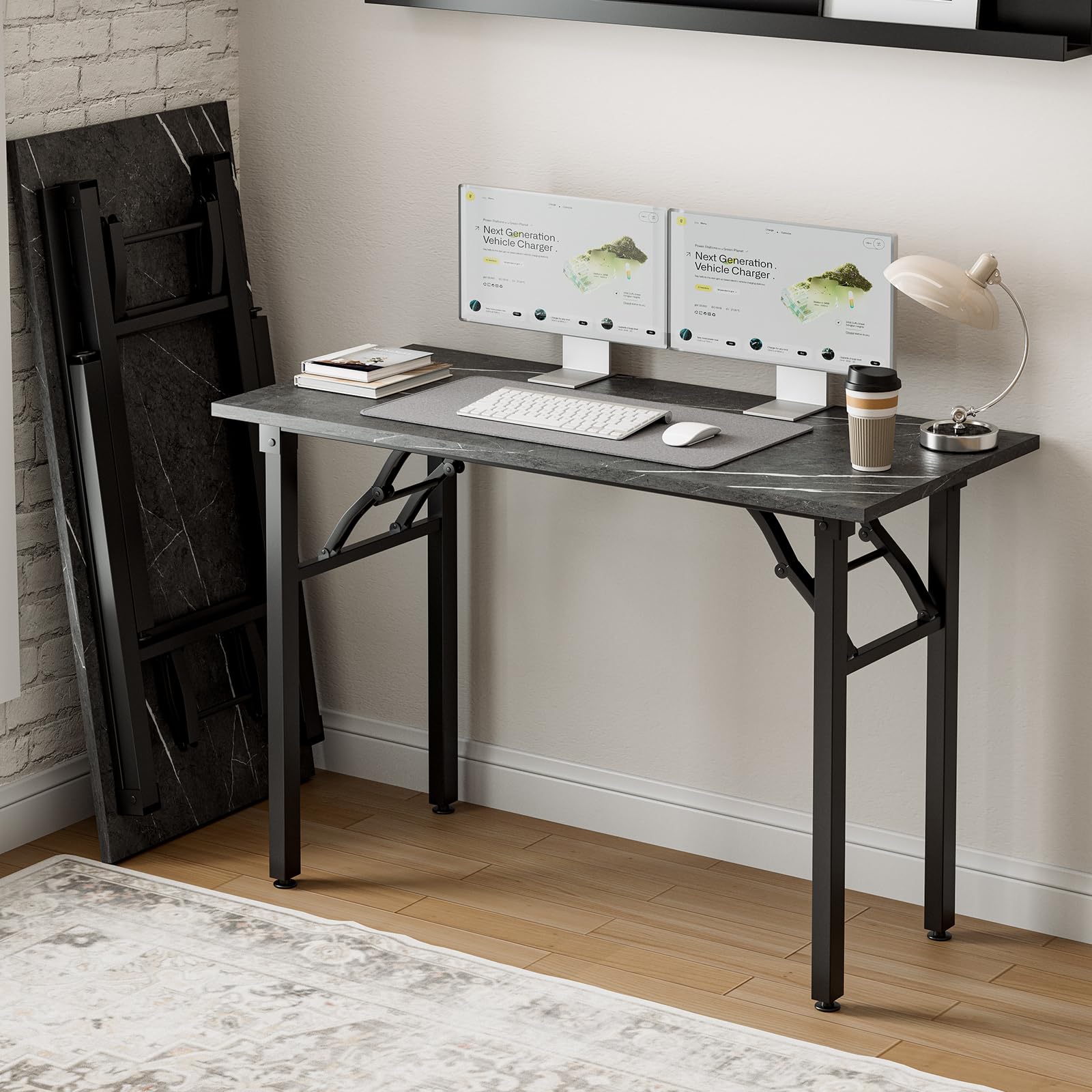 Frylr Small Folding Computer Desk – 35.8 Inch Portable Table for Craft and Study, Lightweight Desk for Small Spaces, Foldable Laptop Table Built-in AC/USB Outlets for Convenience, Dark Walnut