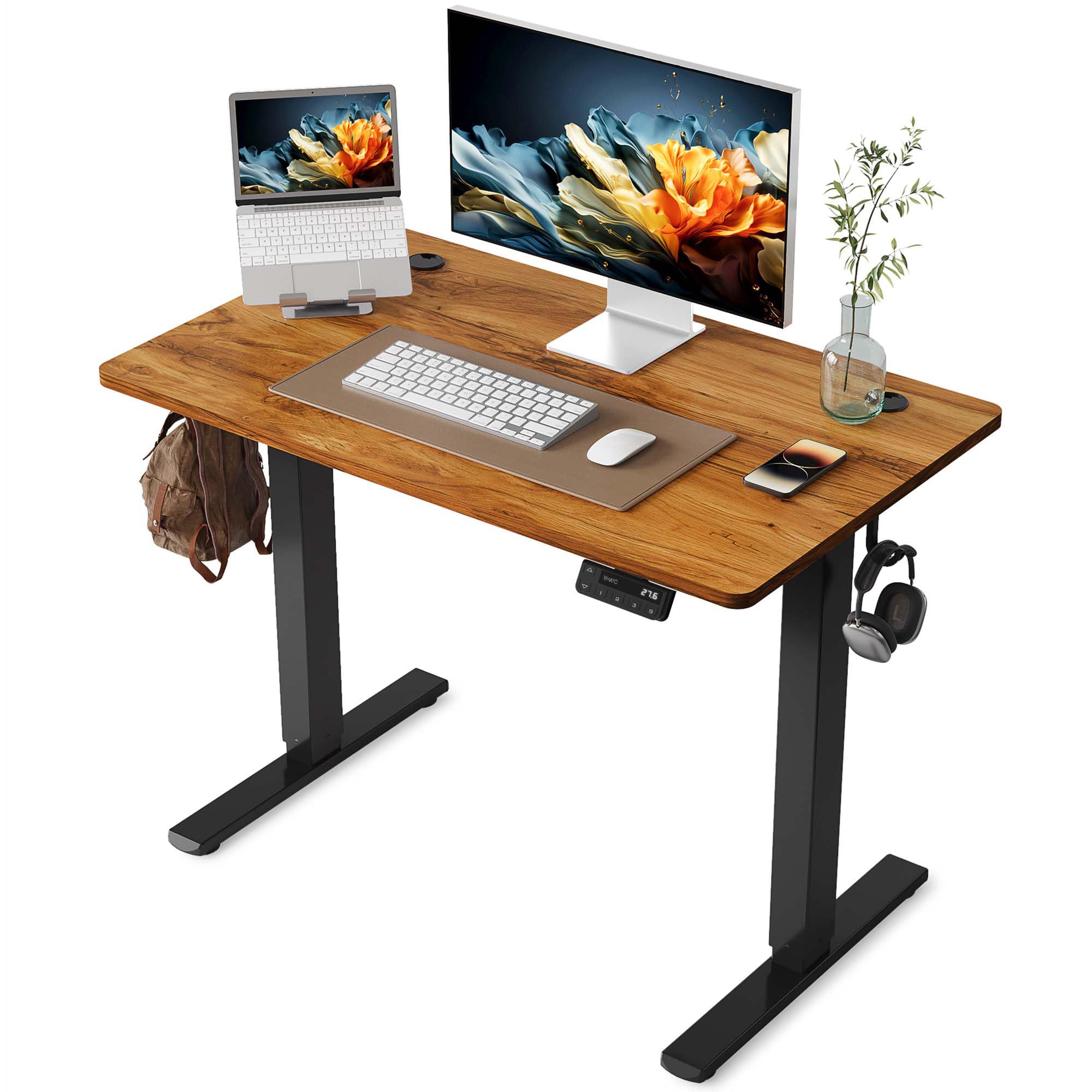 YIHAYO Electric Standing Desk, 48 x 24 Inches Stand Up Desk with Splice Board, Adjustable Height Desk, Computer Desk for Home Office, Black Frame/Rustic Brown Top