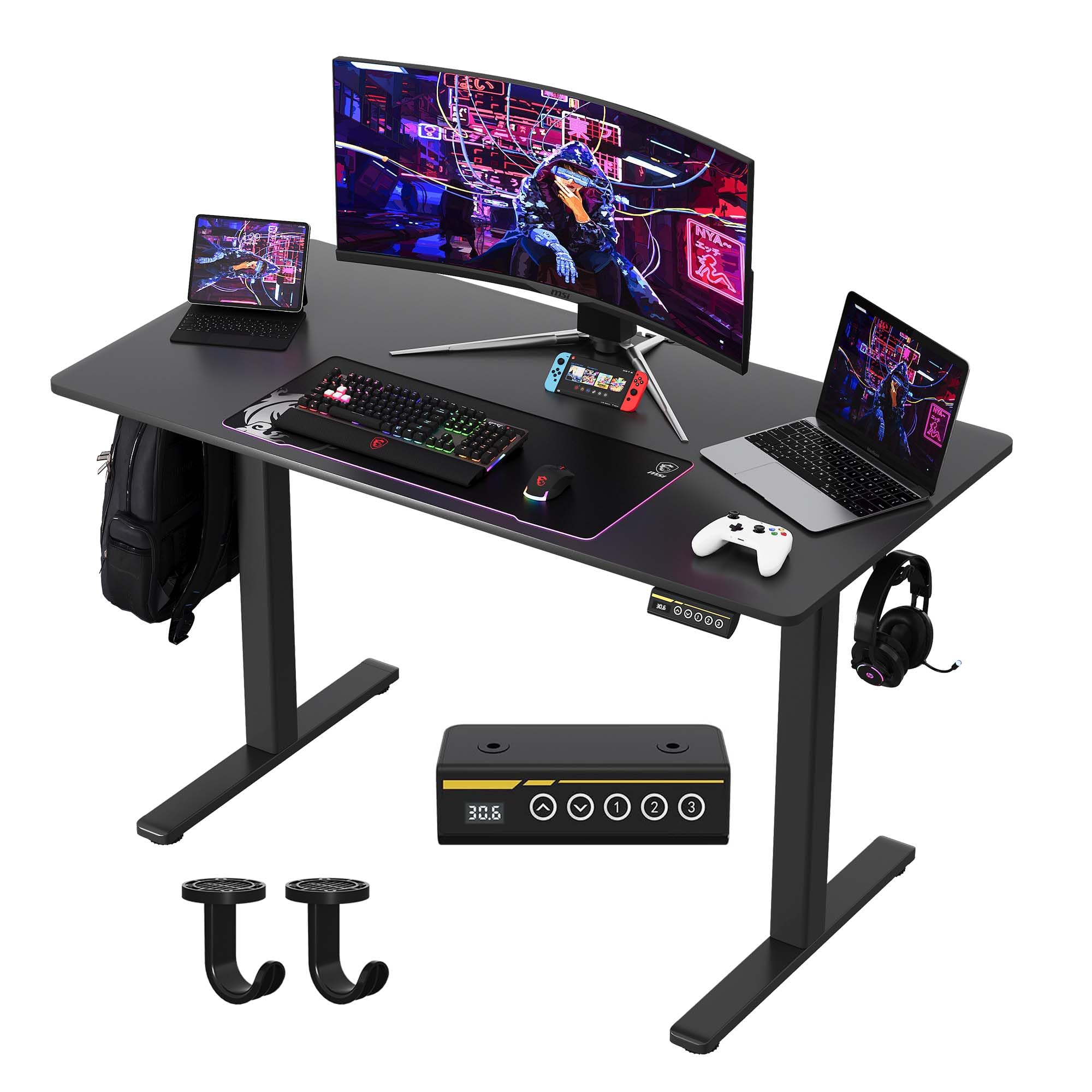 Electric Standing Desk,48x24 Inches Adjustable Height Stand up Desk, Sit Stand Home Office Desk with Splice Board, 3 Preset Heights,Equipped with Hooks,Ergonomic Computer Workstation，Brown