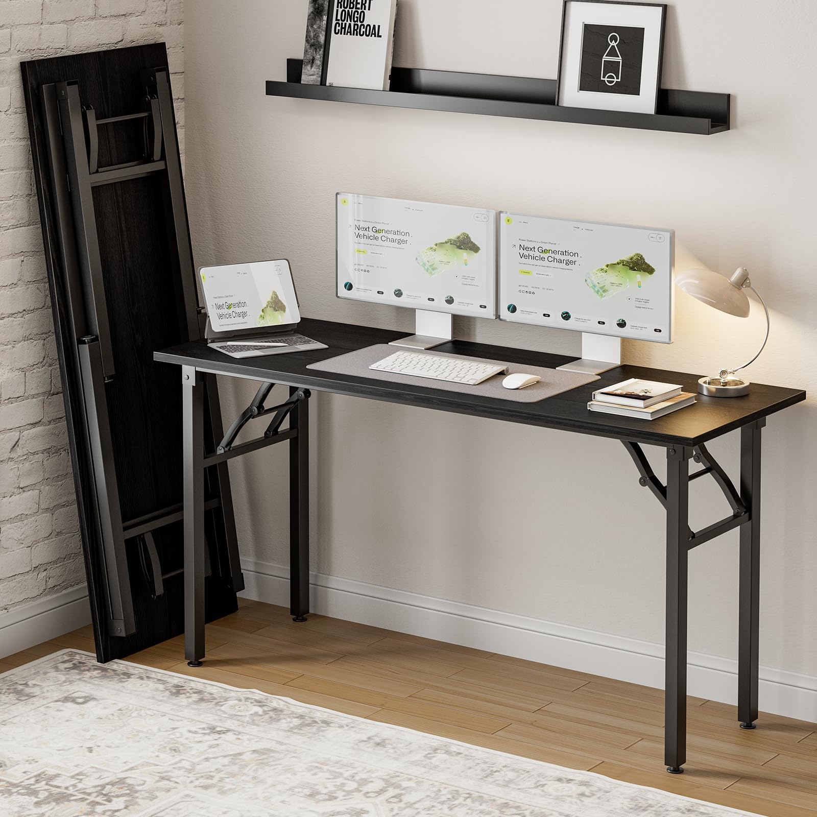 Frylr Small Folding Computer Desk – 35.8 Inch Portable Table for Craft and Study, Lightweight Desk for Small Spaces, Foldable Laptop Table Built-in AC/USB Outlets for Convenience, Dark Walnut