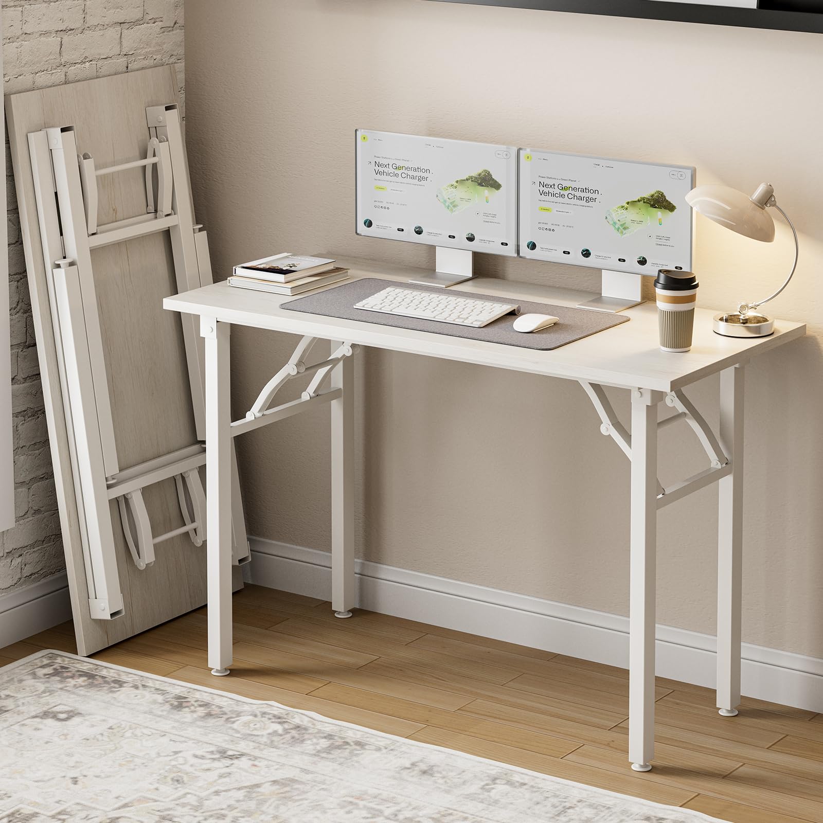 Frylr Small Folding Computer Desk – 35.8 Inch Portable Table for Craft and Study, Lightweight Desk for Small Spaces, Foldable Laptop Table Built-in AC/USB Outlets for Convenience, Dark Walnut