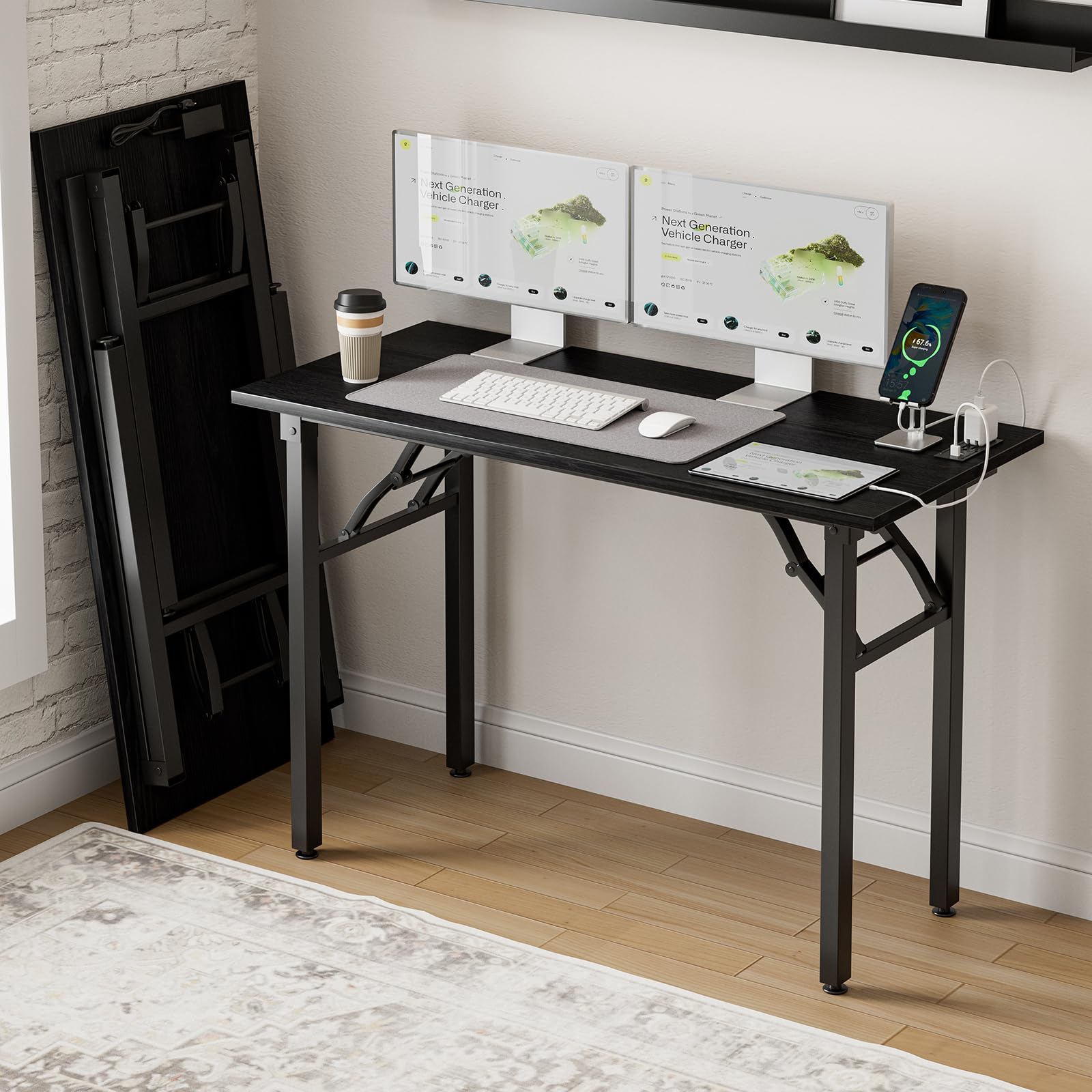 Frylr Small Folding Computer Desk – 35.8 Inch Portable Table for Craft and Study, Lightweight Desk for Small Spaces, Foldable Laptop Table Built-in AC/USB Outlets for Convenience, Dark Walnut