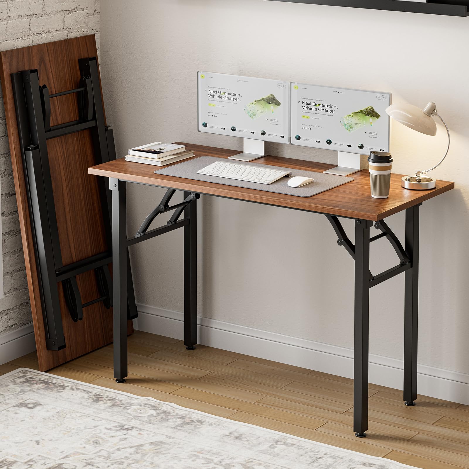 Frylr Small Folding Computer Desk – 35.8 Inch Portable Table for Craft and Study, Lightweight Desk for Small Spaces, Foldable Laptop Table Built-in AC/USB Outlets for Convenience, Dark Walnut