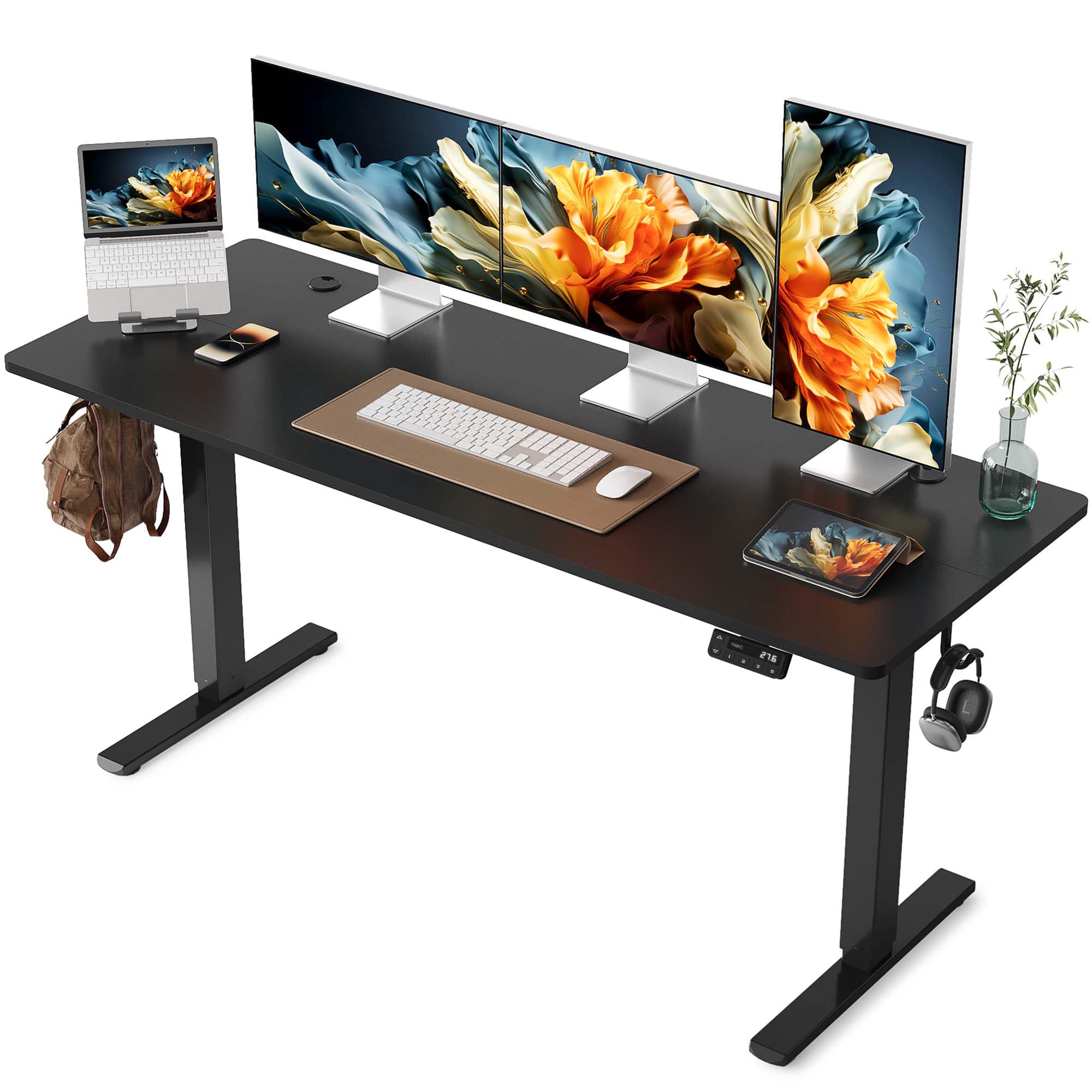 YIHAYO Electric Standing Desk, 48 x 24 Inches Stand Up Desk with Splice Board, Adjustable Height Desk, Computer Desk for Home Office, Black Frame/Rustic Brown Top