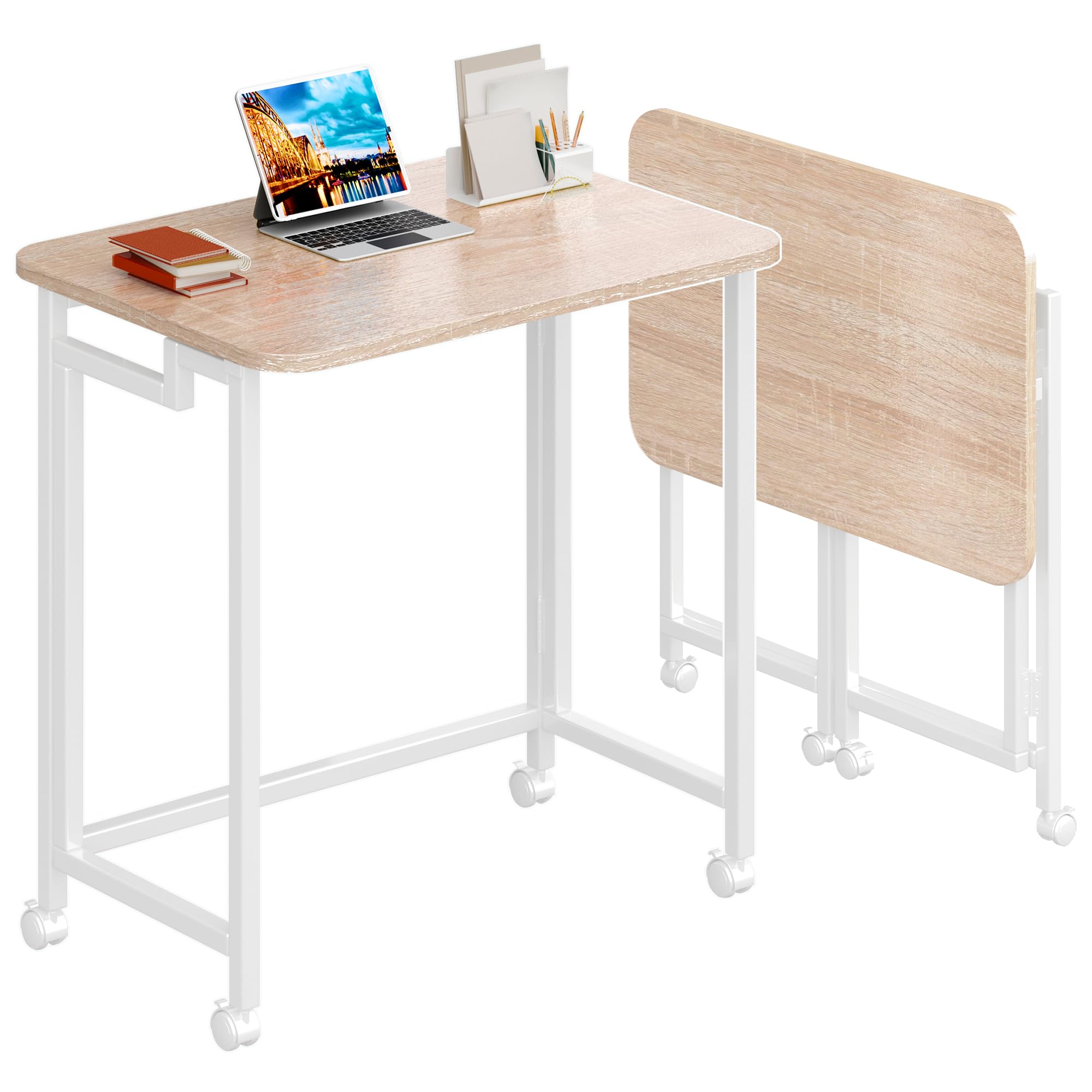 4NM 31.5" Mobile Small Rolling Computer Desk, Folding Laptop Cart Table with Wheels, Portable Office Desk for Small Space Couch Bed - Rustic Brown and Black