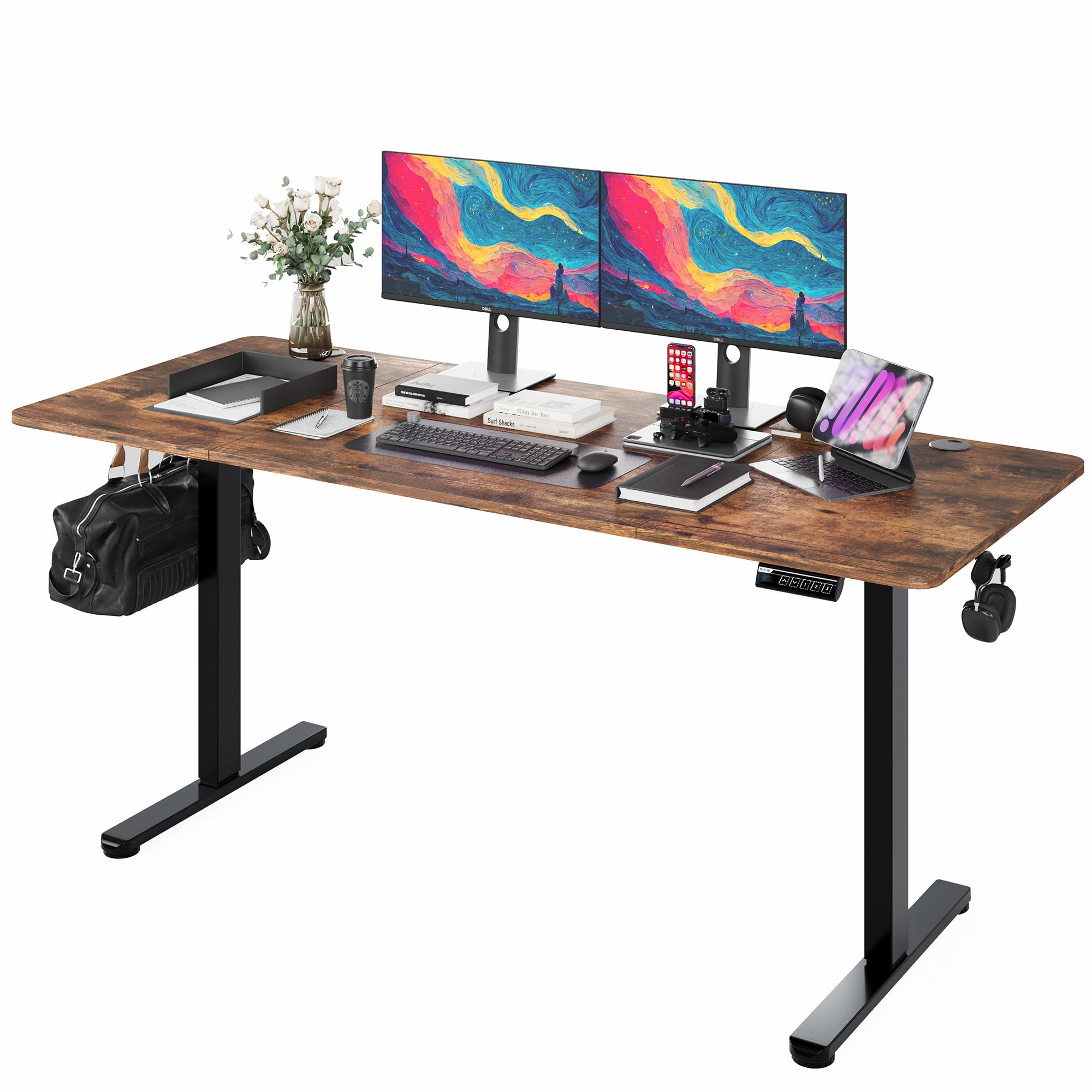 Monomi Electric Height Adjustable Standing Desk, 48x24 Inches, Ergonomic Home Office Sit/Stand Up Desk with Two-Piece Desktop (Black Steel Frame/Rustic Brown Top)